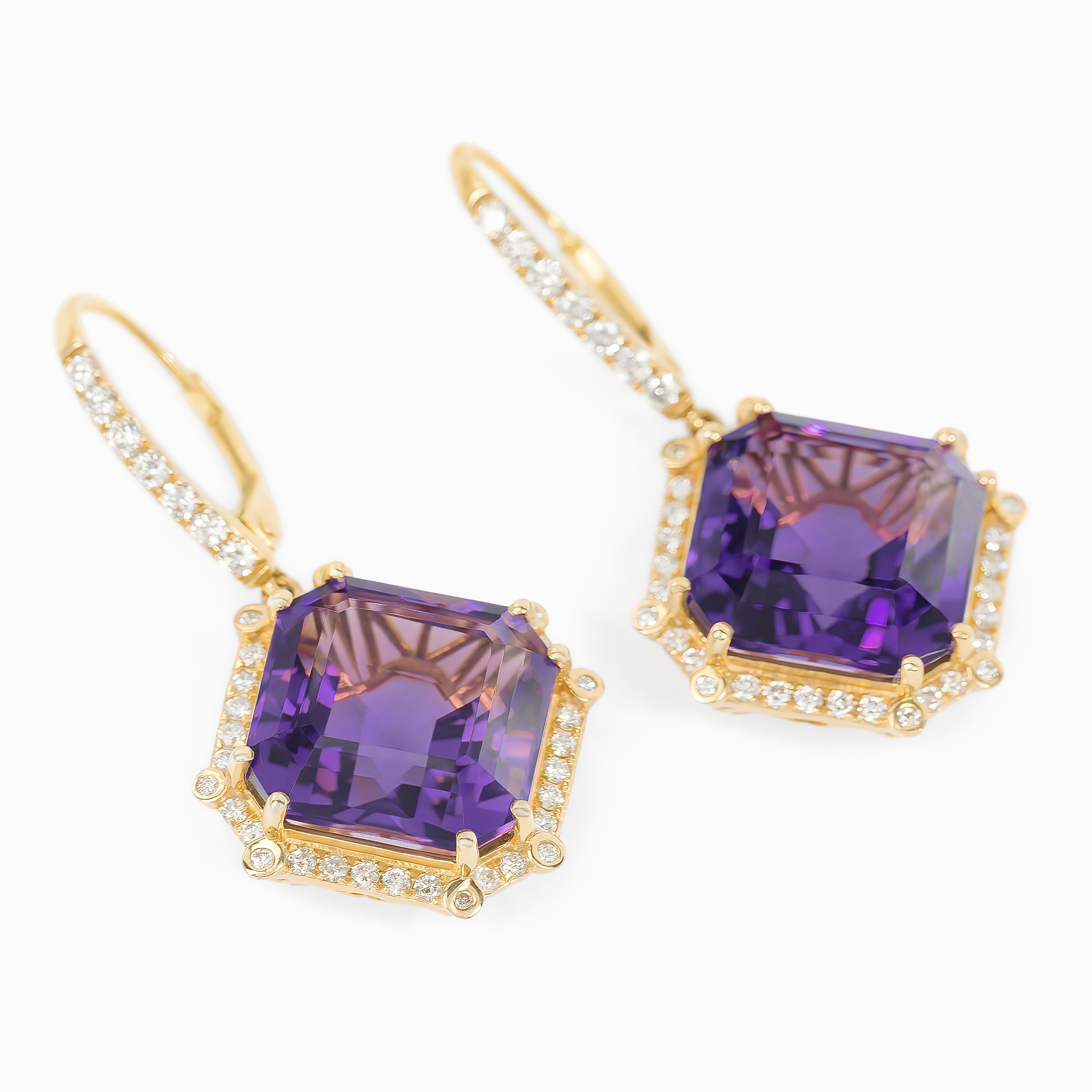 Yellow Gold Drop Earrings with Amethyst, Diamond Stones