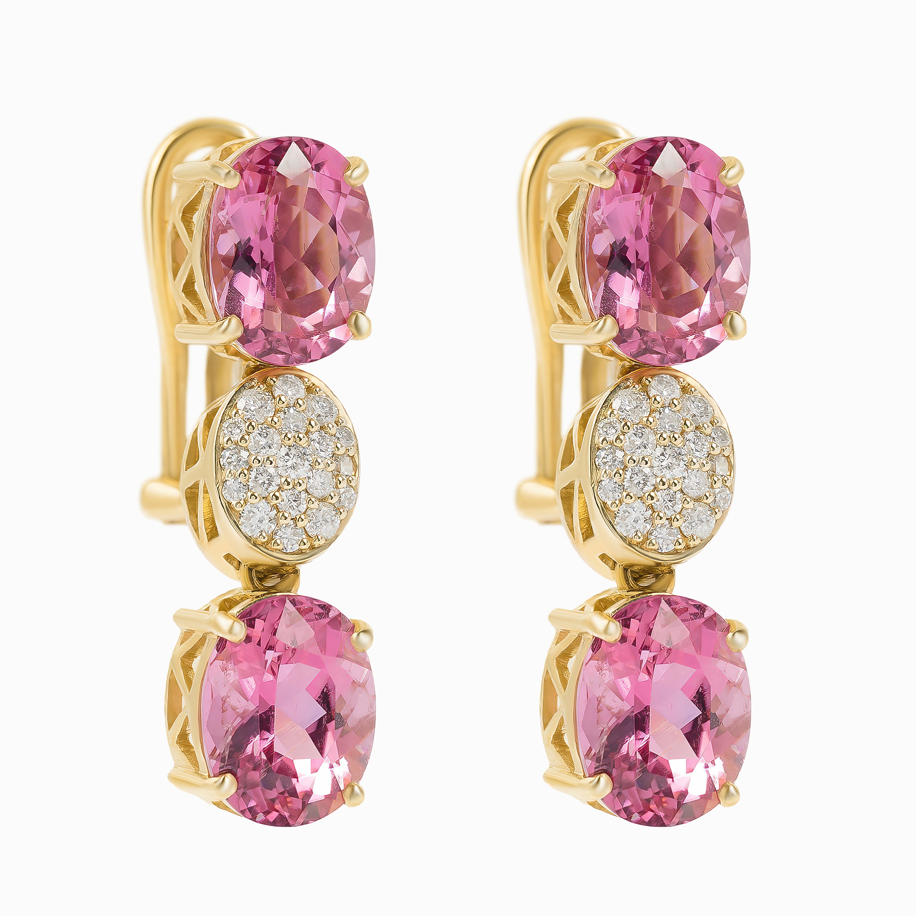 Yellow Gold Drop Earrings with Diamond, Tourmaline Stones
