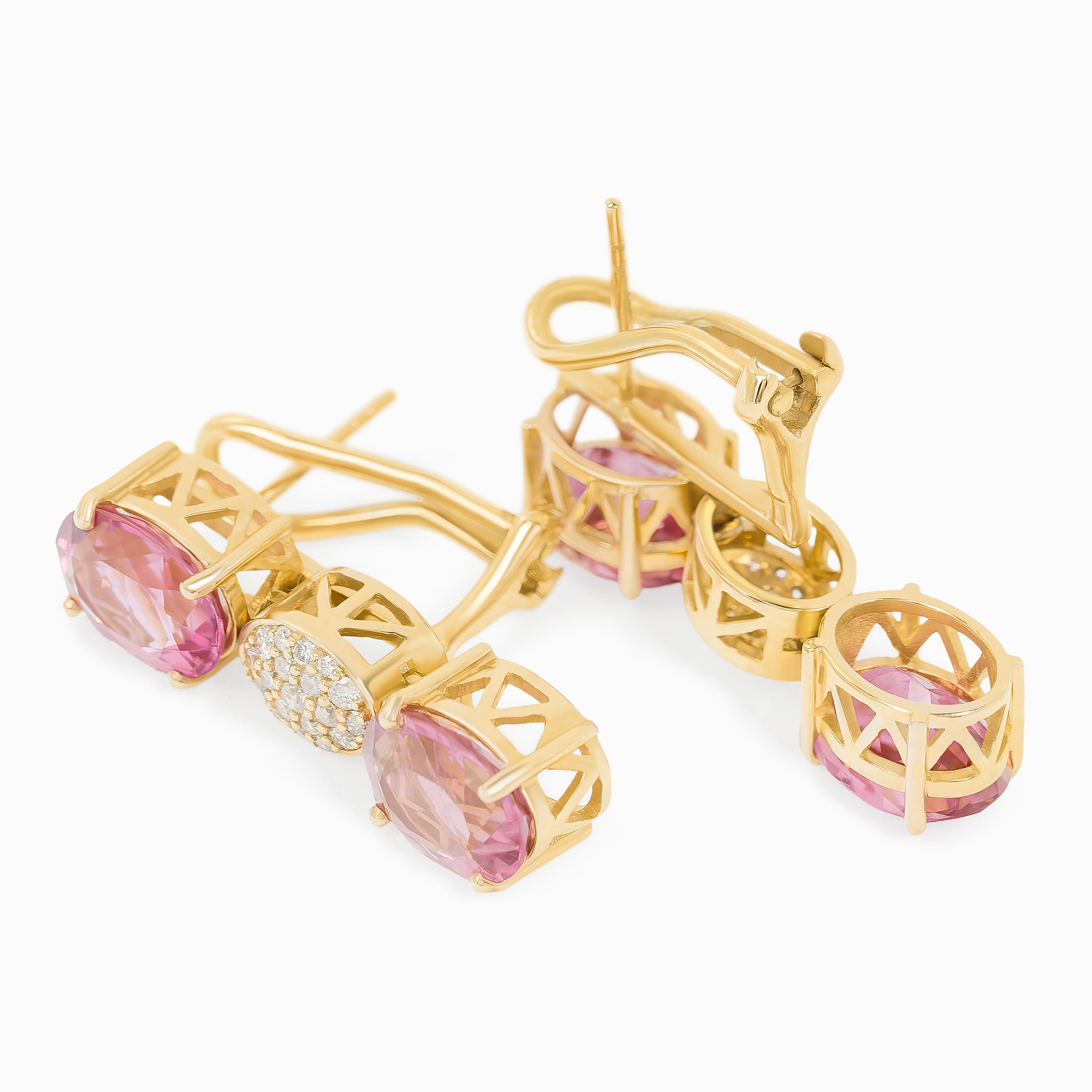 Yellow Gold Drop Earrings with Diamond, Tourmaline Stones