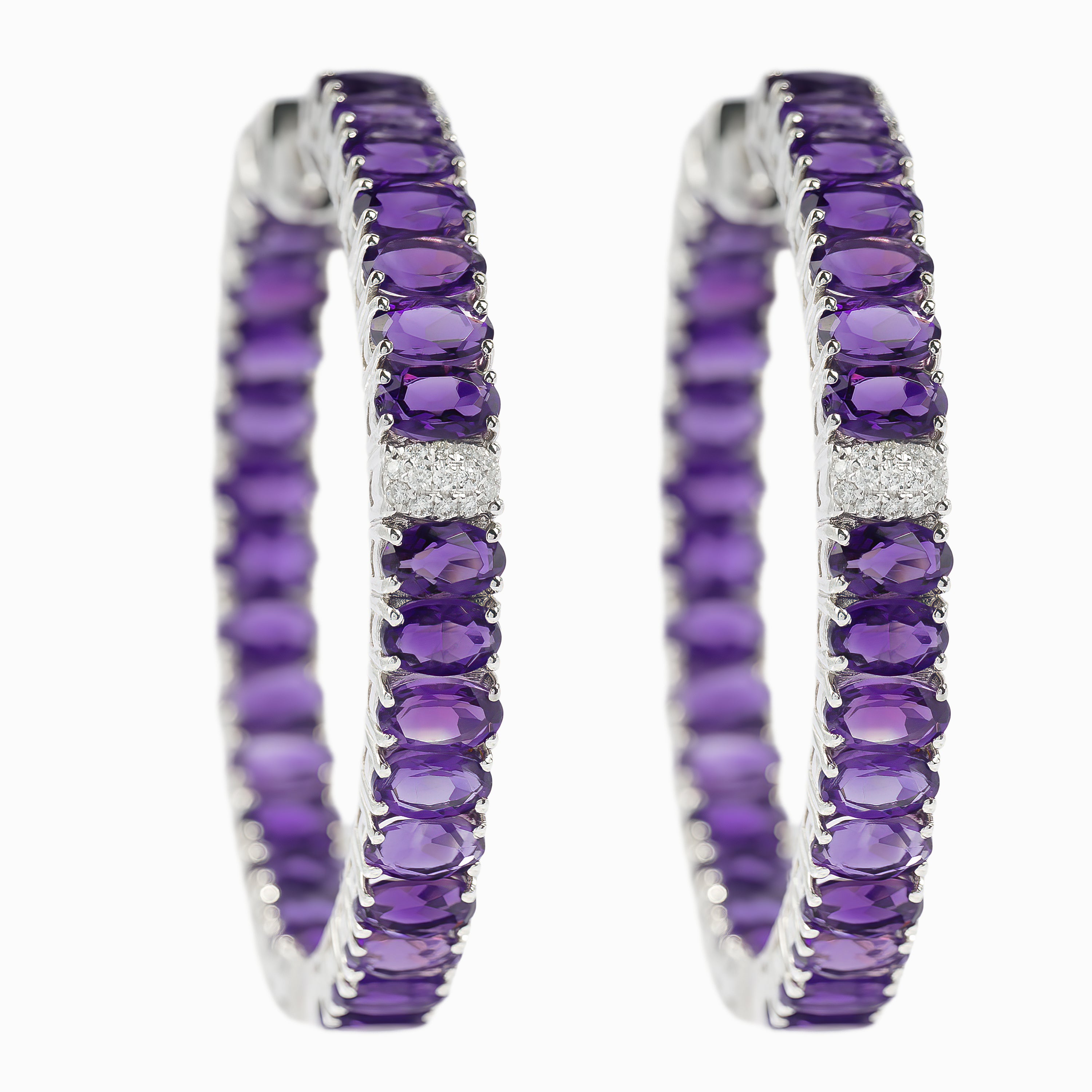 White Gold Hoop Earrings with Amethyst, Diamond Stones