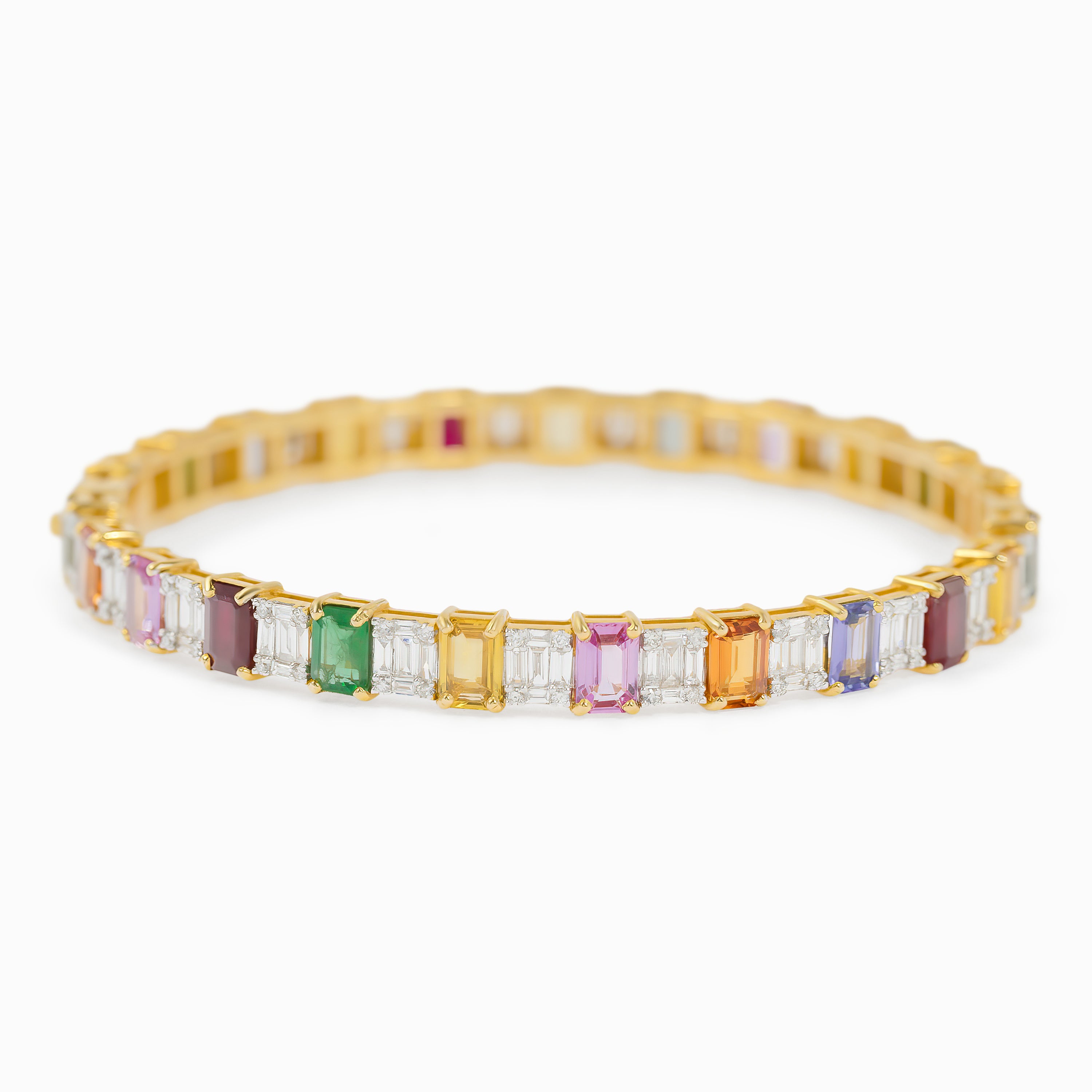 Yellow Gold Bangle Gemstone Bracelet with Diamond, Emerald, Ruby, Sapphire Stones
