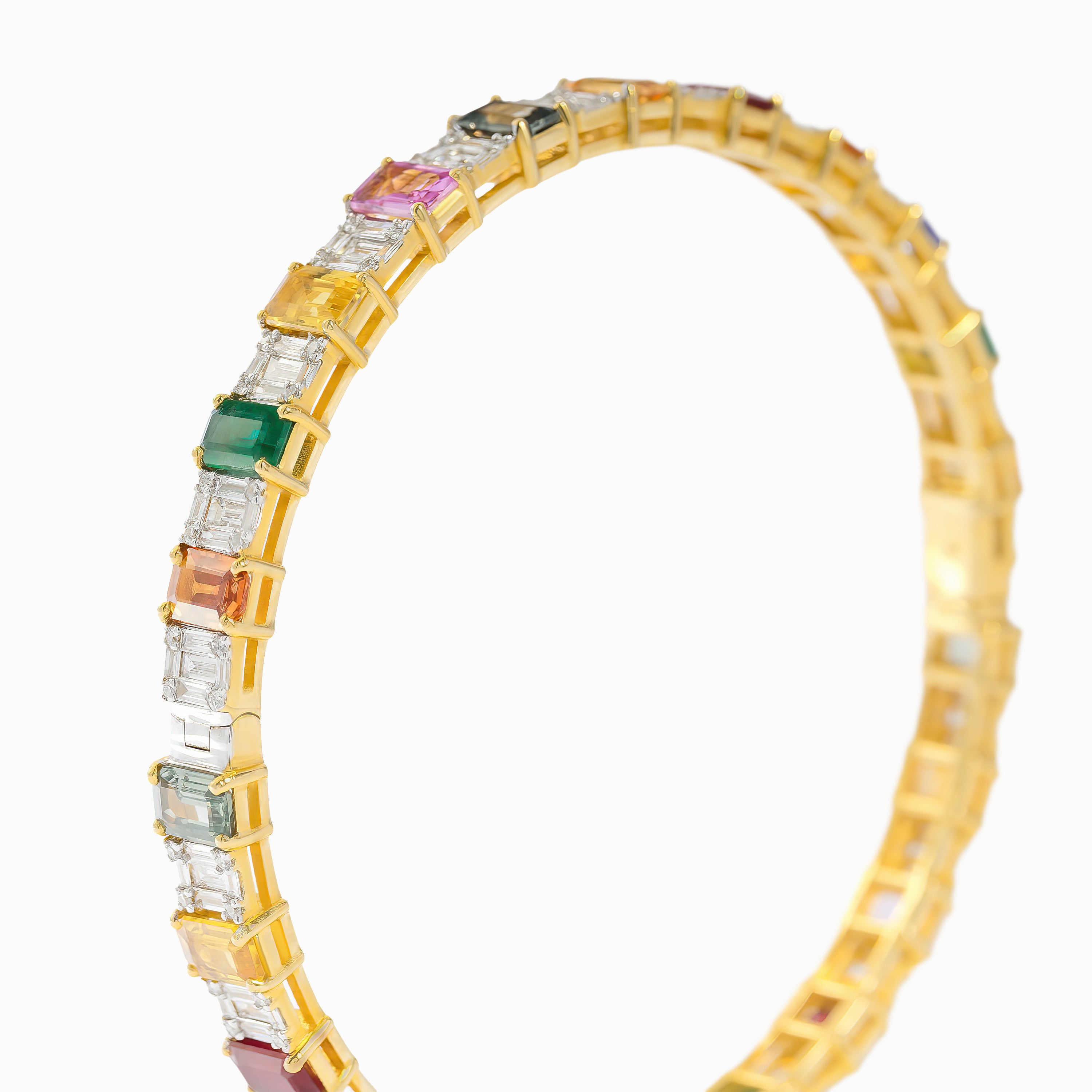 Yellow Gold Bangle Gemstone Bracelet with Diamond, Emerald, Ruby, Sapphire Stones
