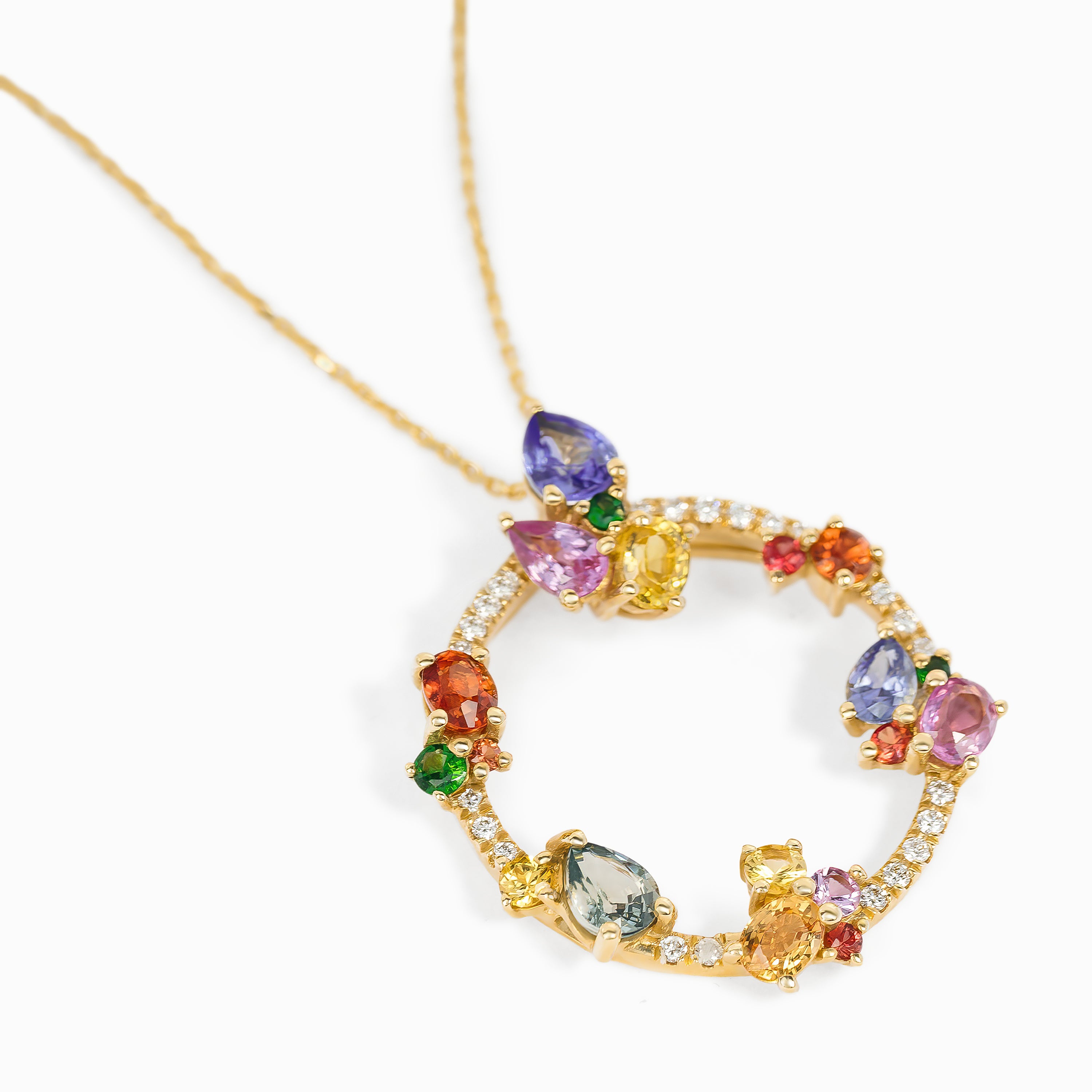 Yellow Gold Pendant Necklace with Diamond, Sapphire Stones