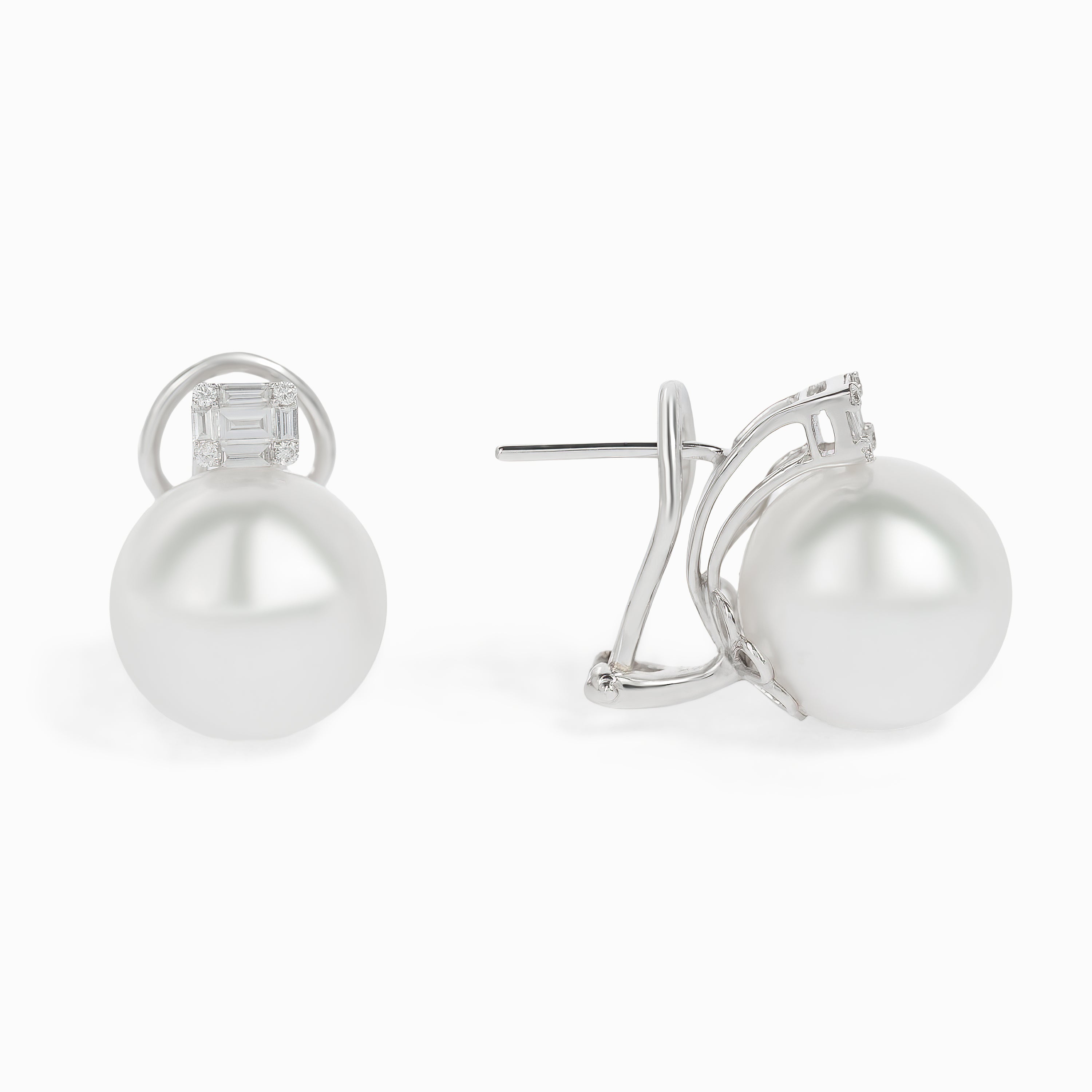 White Gold Huggie Earrings with Diamond, Pearl Stones