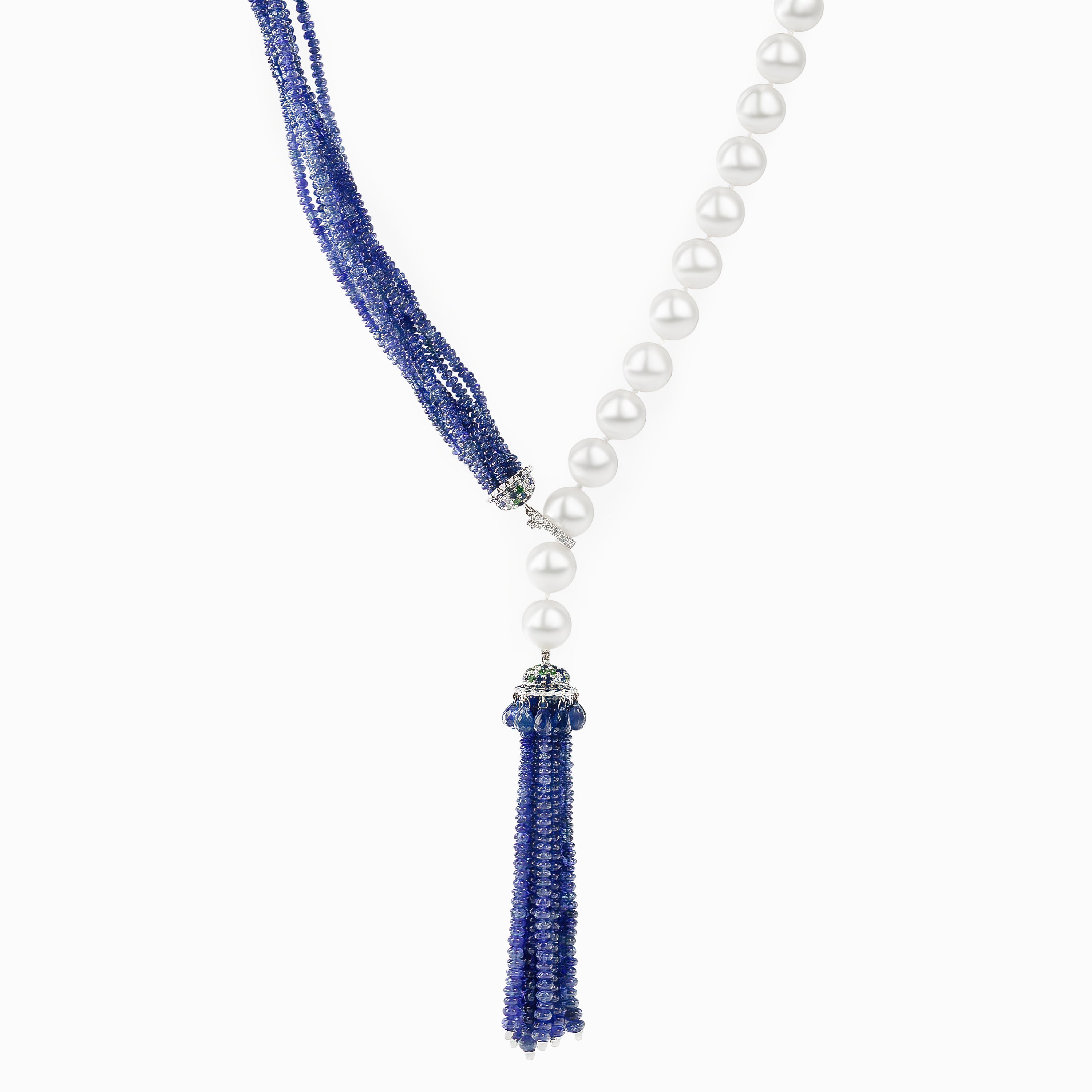 White Gold Y-Shape Bead Necklace with Pearl, Sapphire Stones