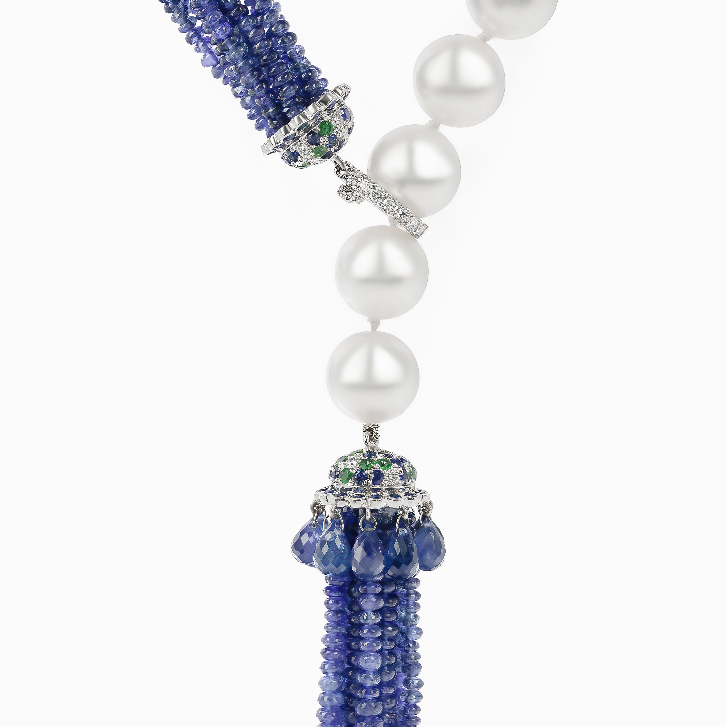 White Gold Y-Shape Bead Necklace with Pearl, Sapphire Stones