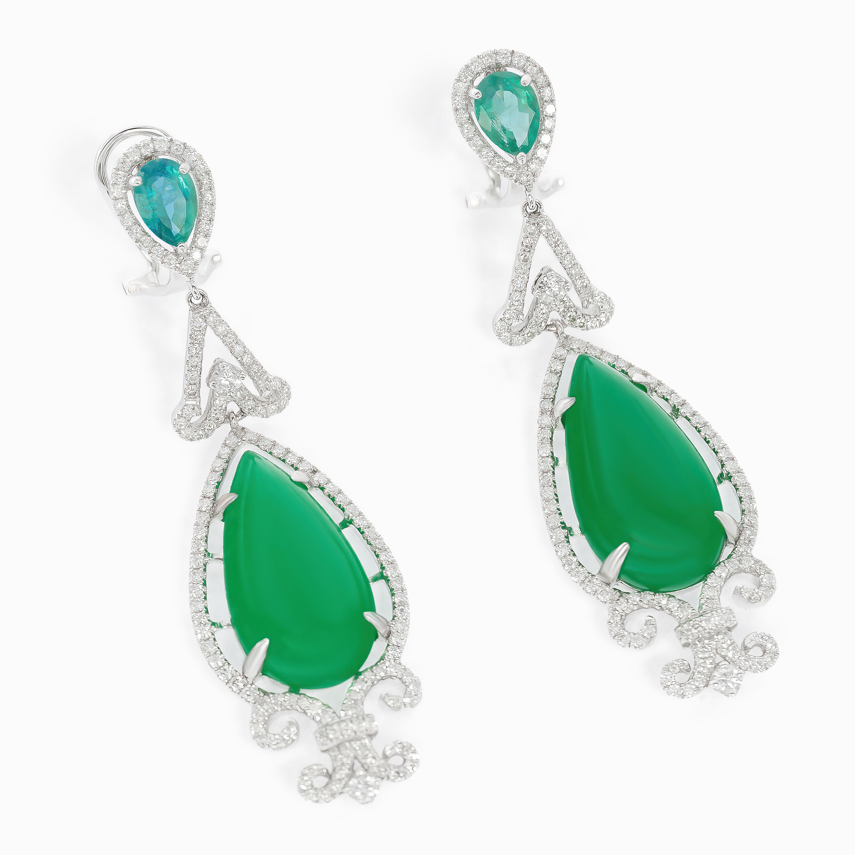 White Gold Drop Earrings with Diamond, Jade Stones