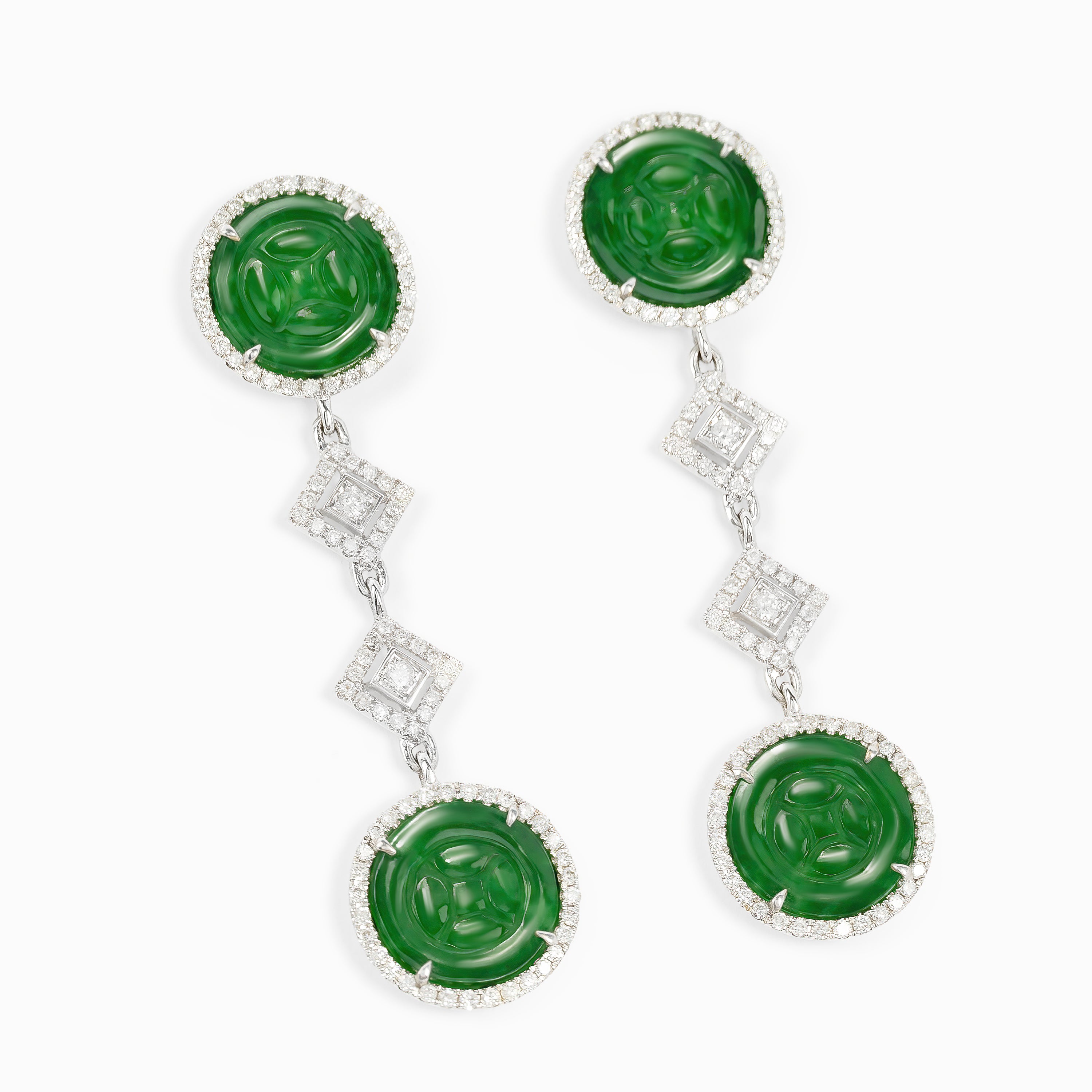 White Gold Drop Earrings with Diamond, Jade Stones
