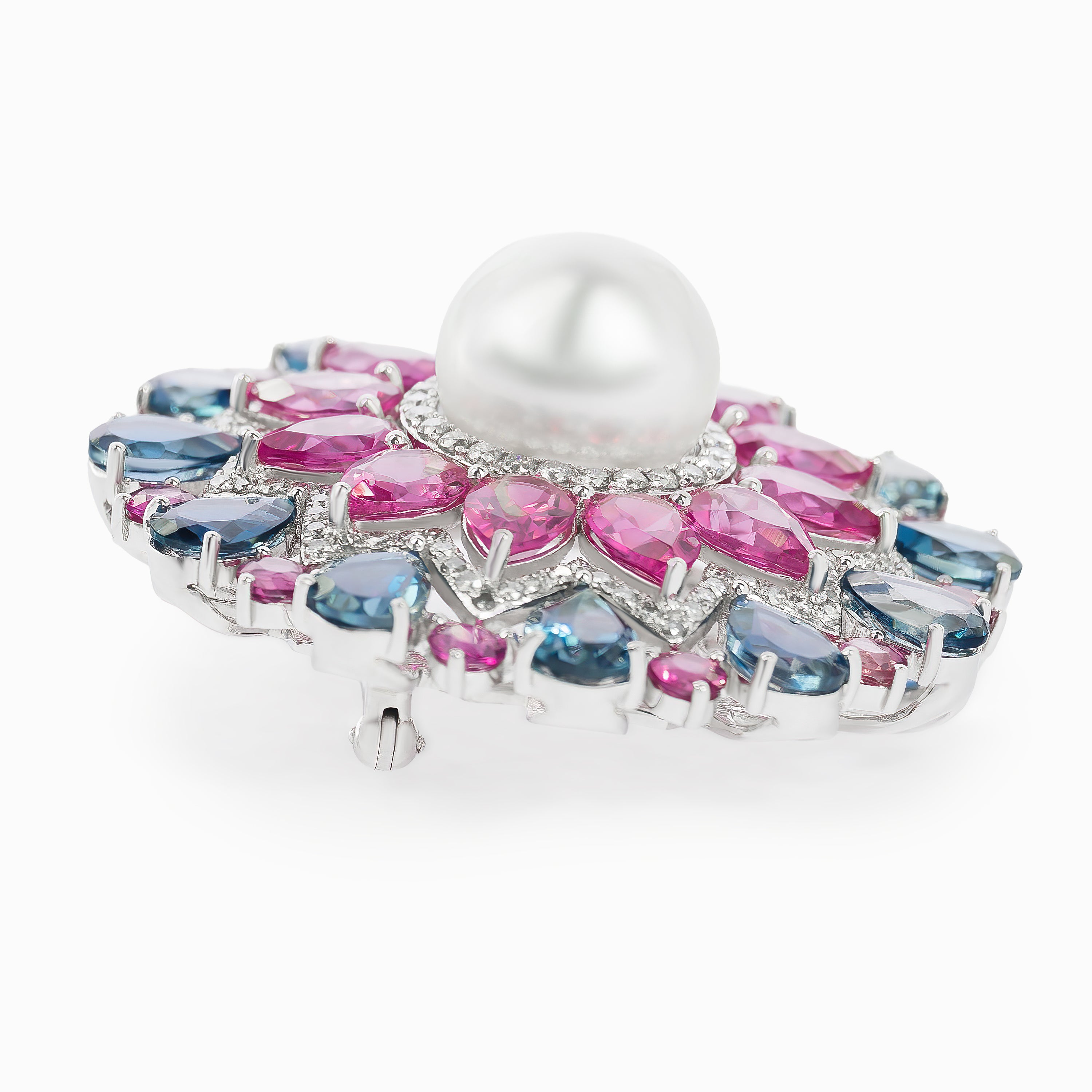 White Gold Gemstone Y-Shape Brooch with Diamond, Pearl, Topaz, Tourmaline Stones