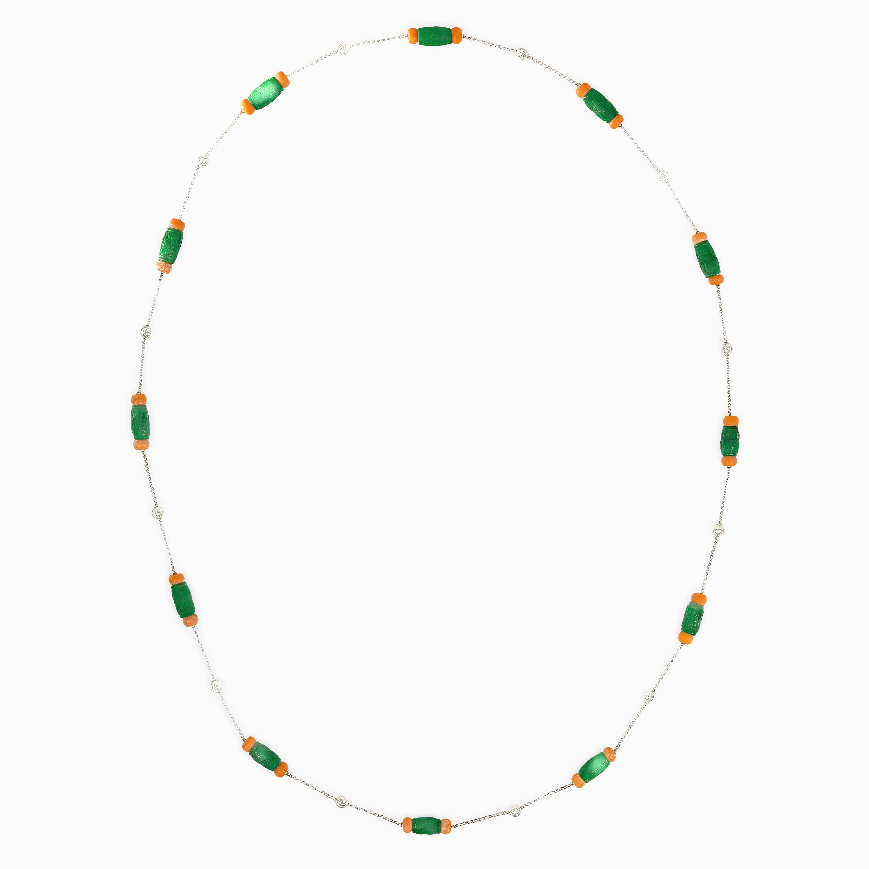 White Gold Chain Necklace with Coral, Jade Stones