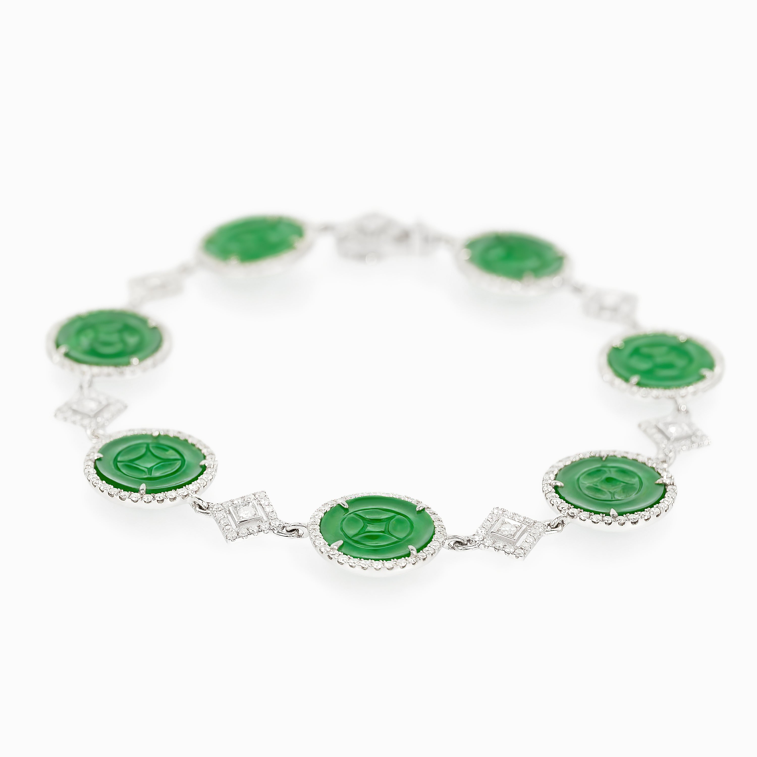 White Gold Gemstone Bracelet with Diamond, Jade Stones