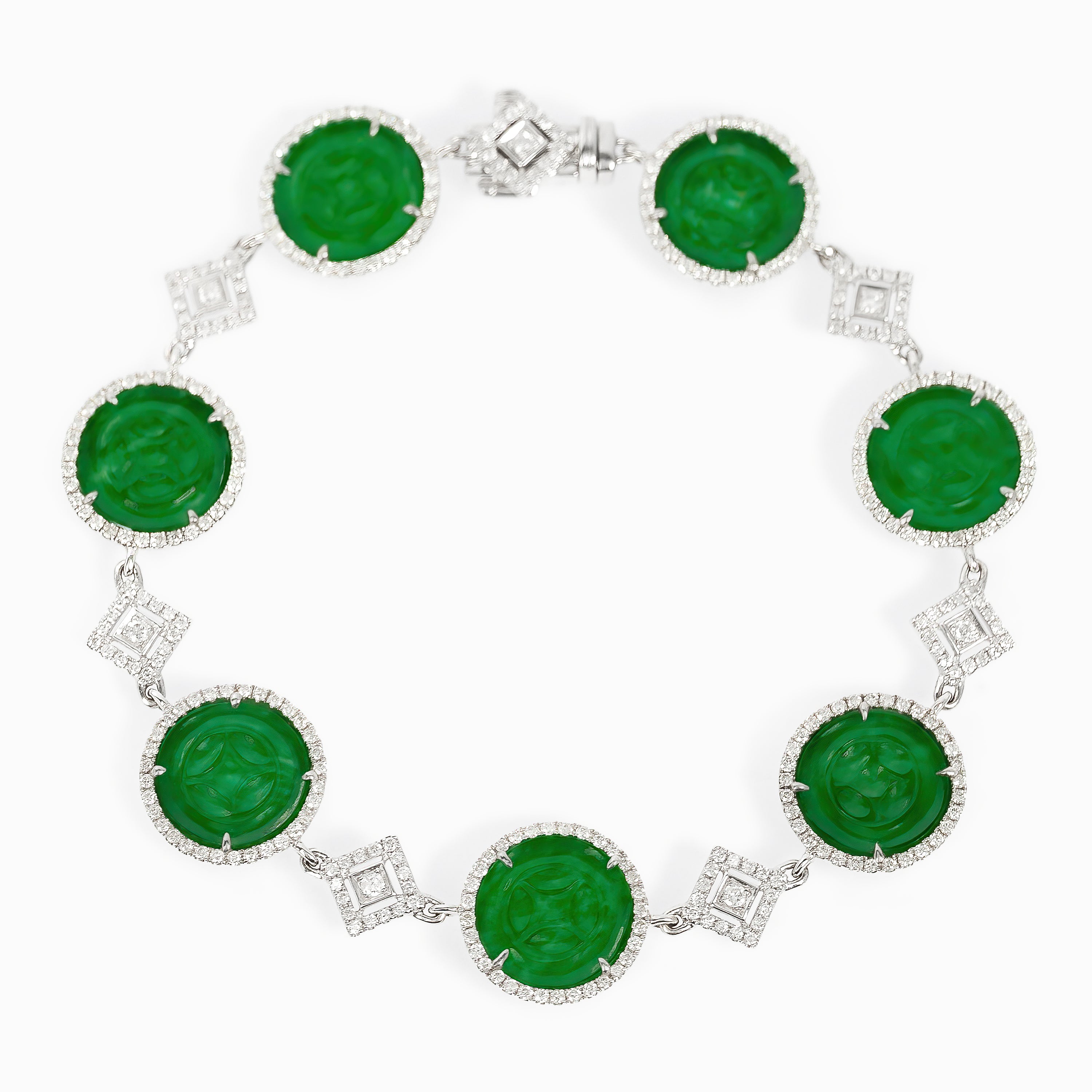 White Gold Gemstone Bracelet with Diamond, Jade Stones