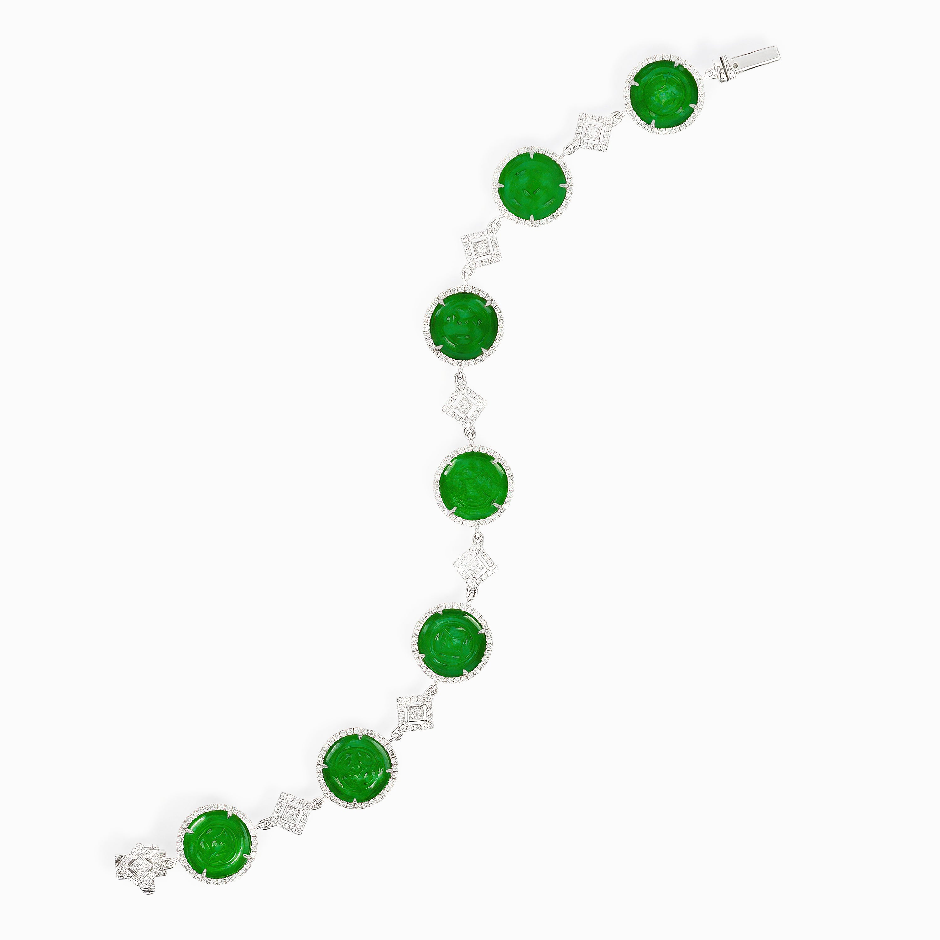 White Gold Gemstone Bracelet with Diamond, Jade Stones