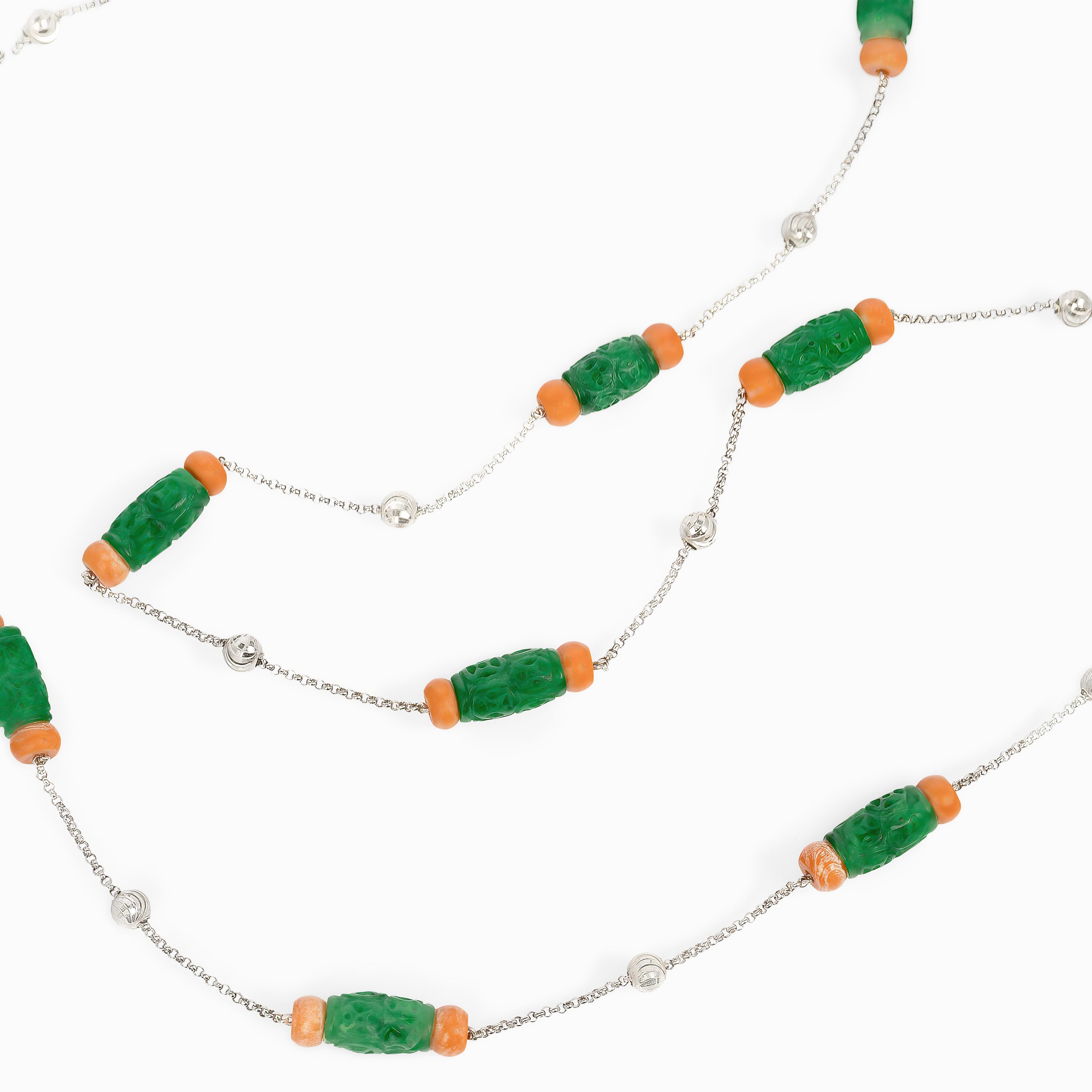 White Gold Chain Necklace with Coral, Jade Stones