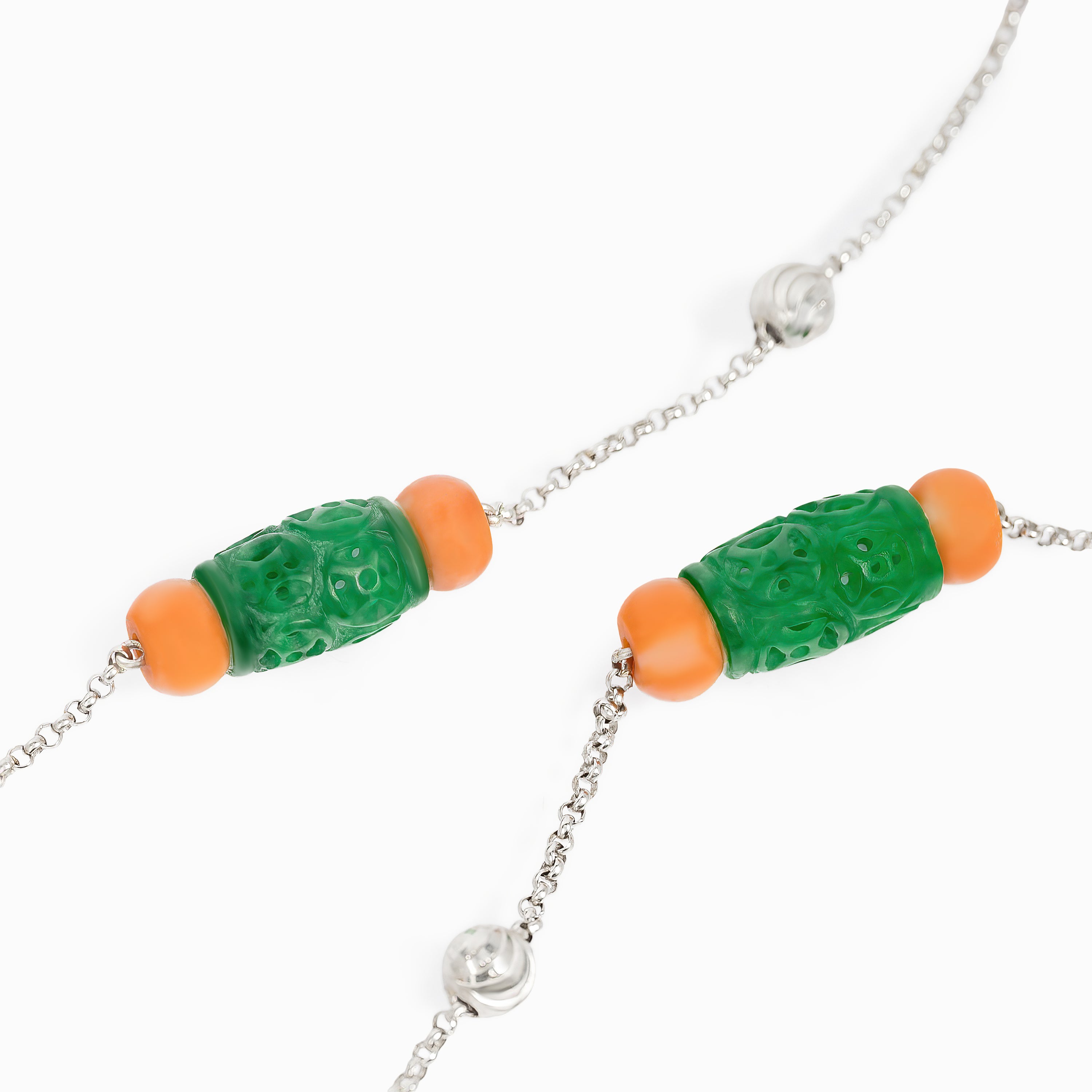 White Gold Chain Necklace with Coral, Jade Stones