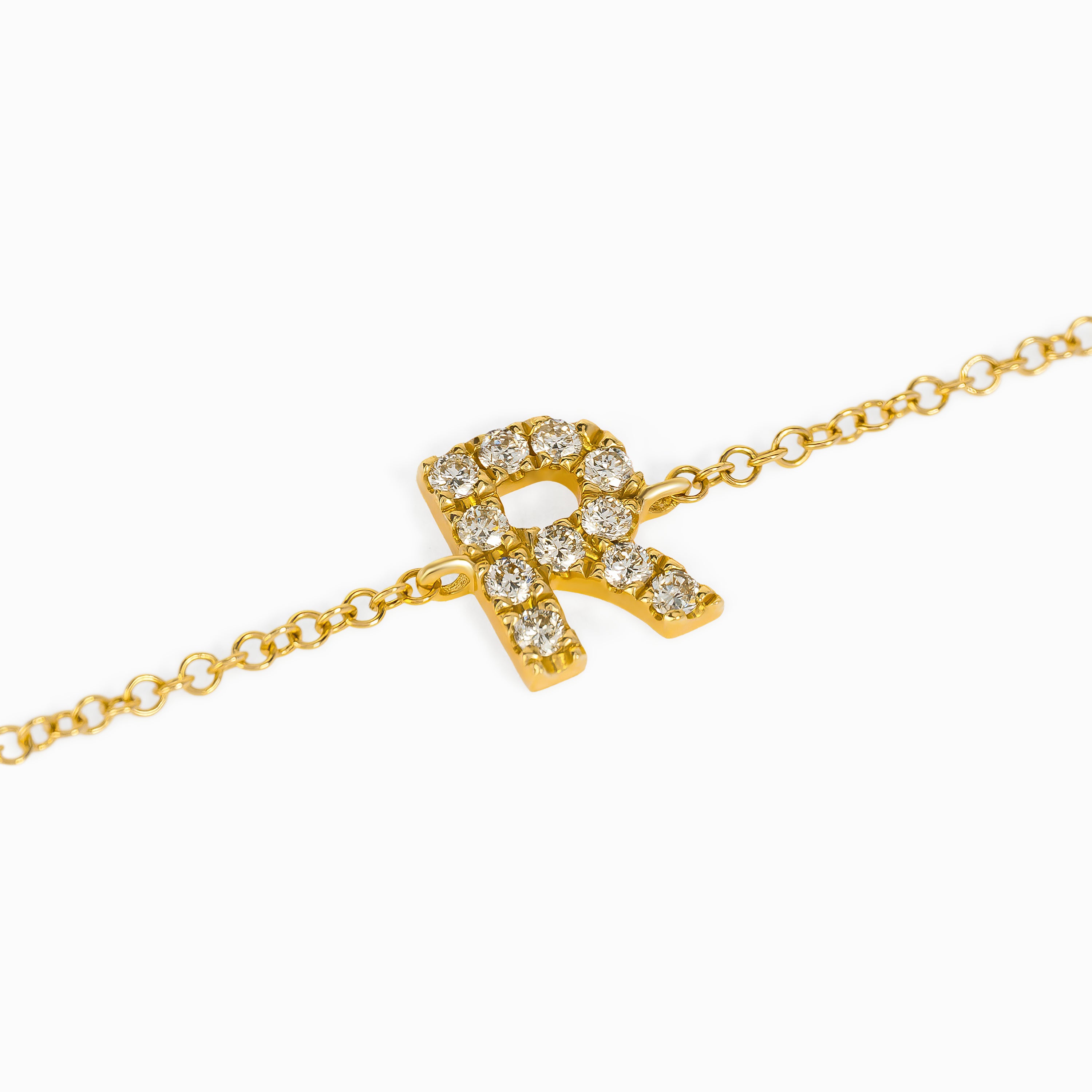 Letter R Yellow Gold Chain Initial Bracelet with Diamond Only Stones