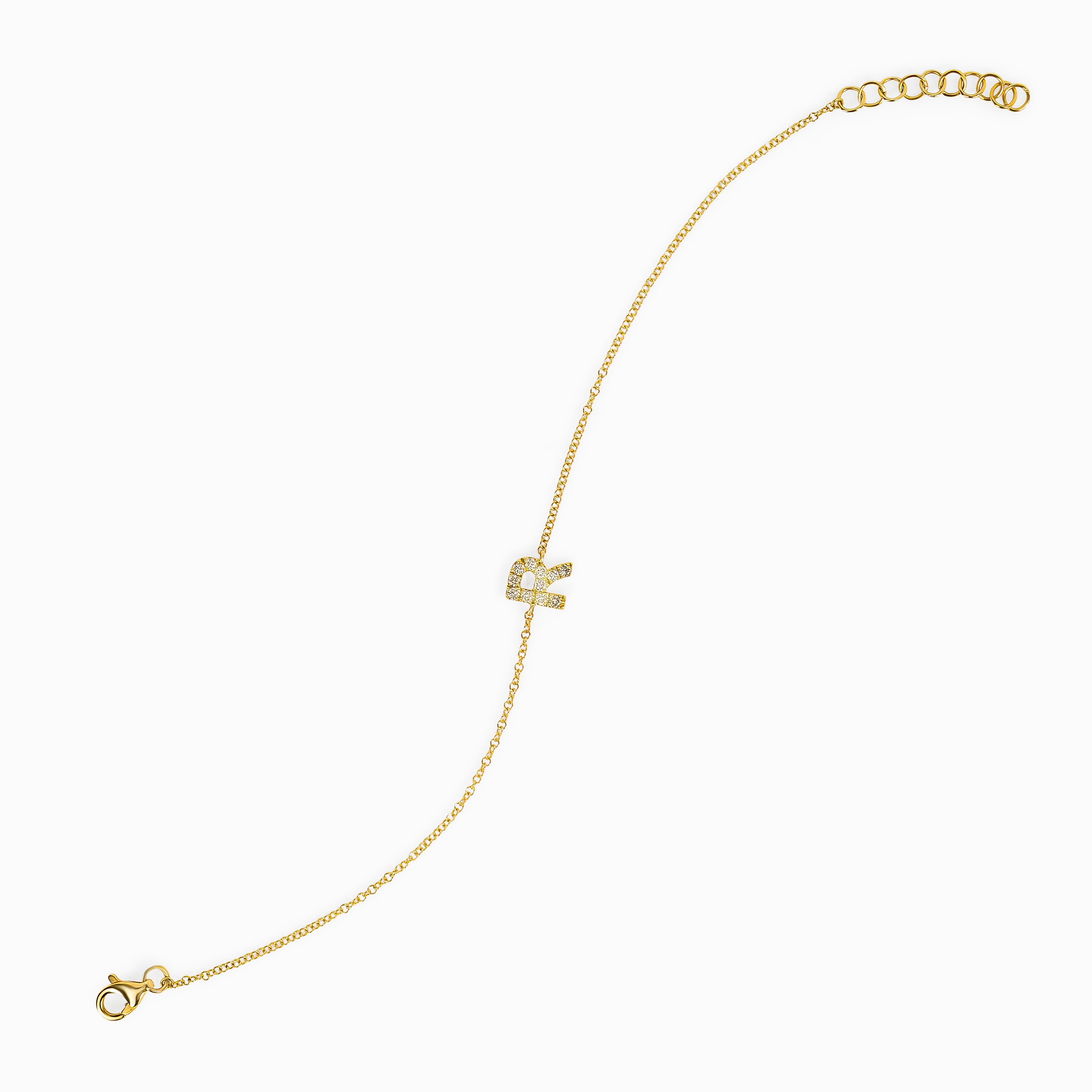 Letter R Yellow Gold Chain Initial Bracelet with Diamond Only Stones