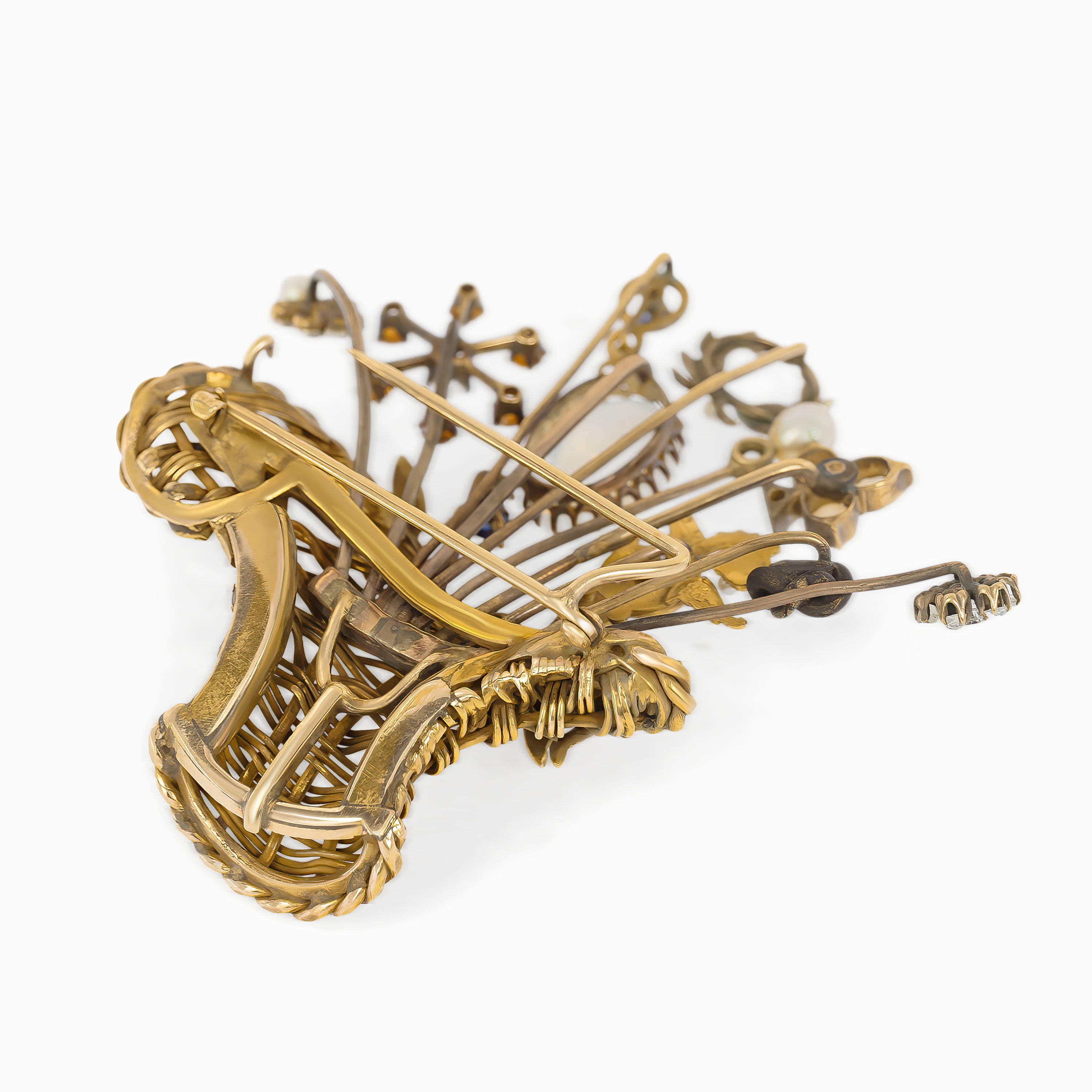 Yellow Gold Brooch with Amethyst, Opal, Pearl, Sapphire Stones