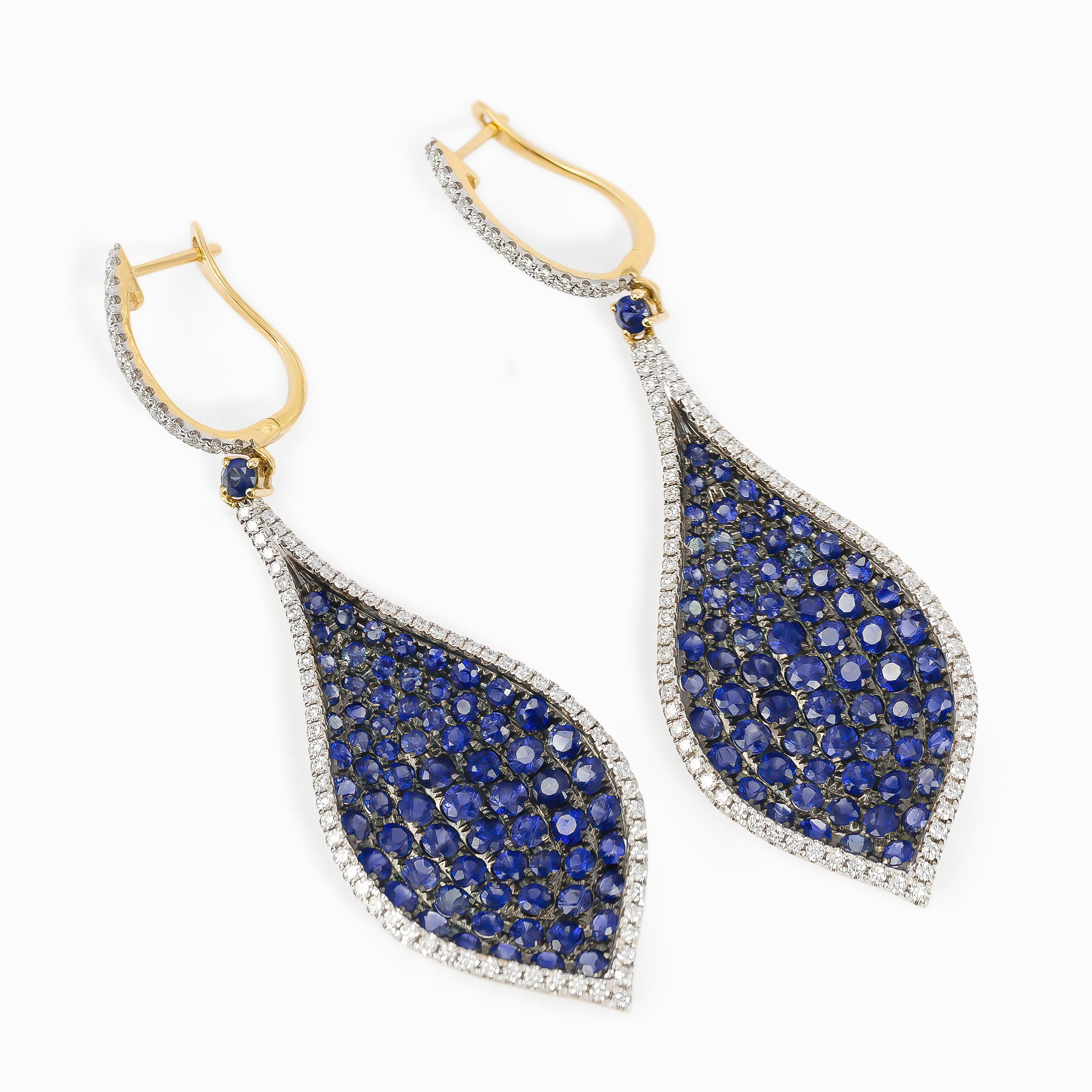 Yellow Gold Drop Earrings with Diamond, Sapphire Stones