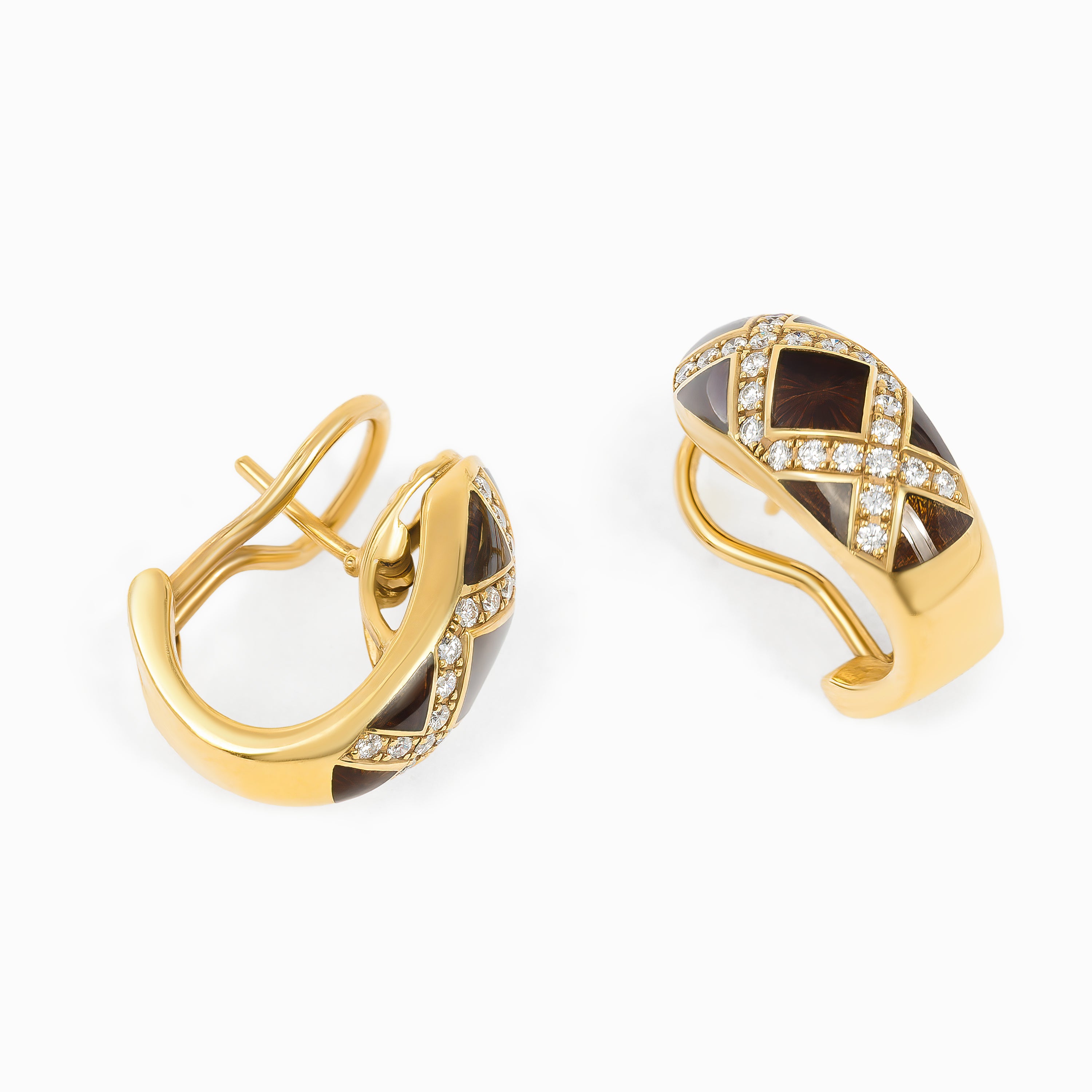 Yellow Gold Huggie Earrings with Diamond, Enamel Stones