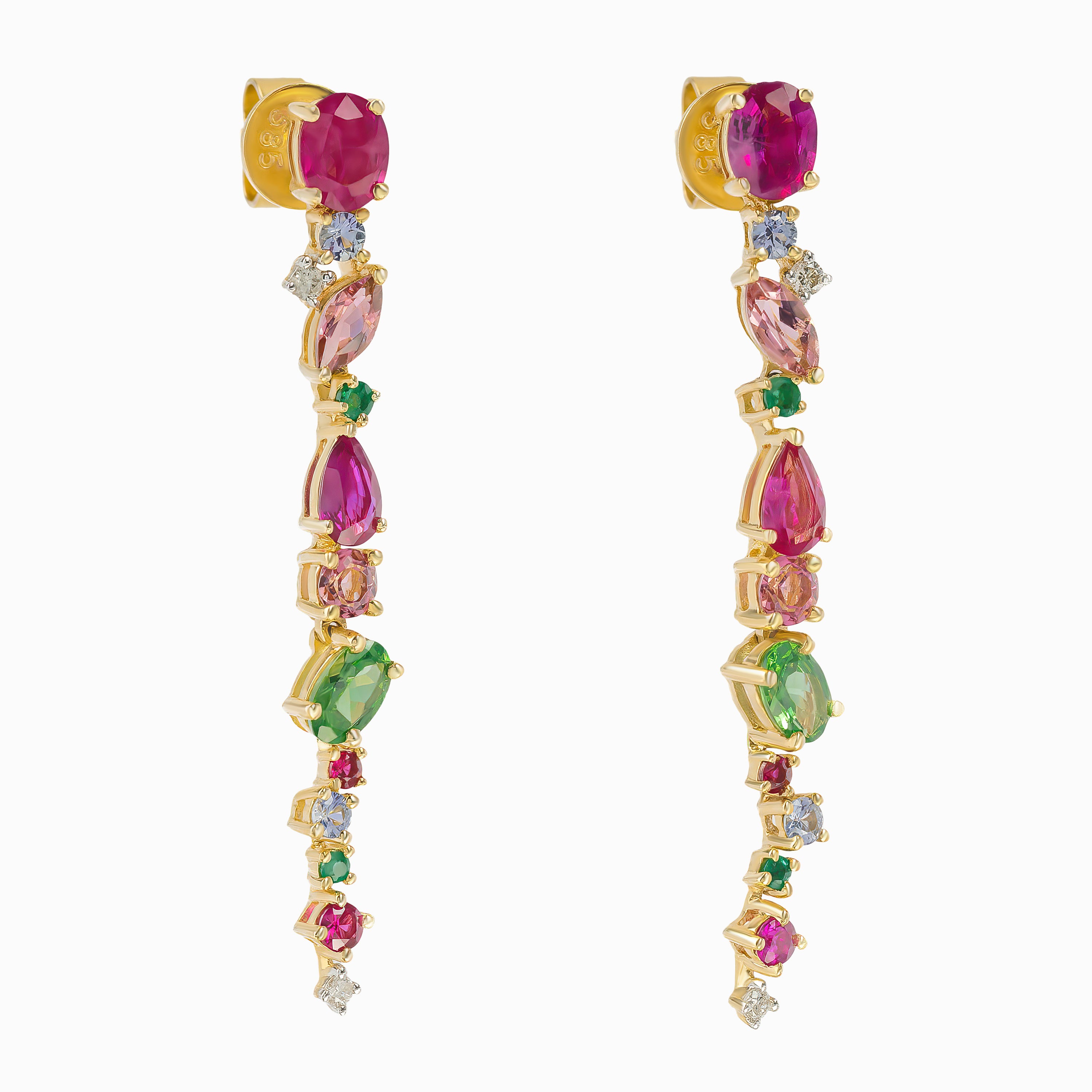 Yellow Gold Drop Earrings with Diamond, Sapphire Stones