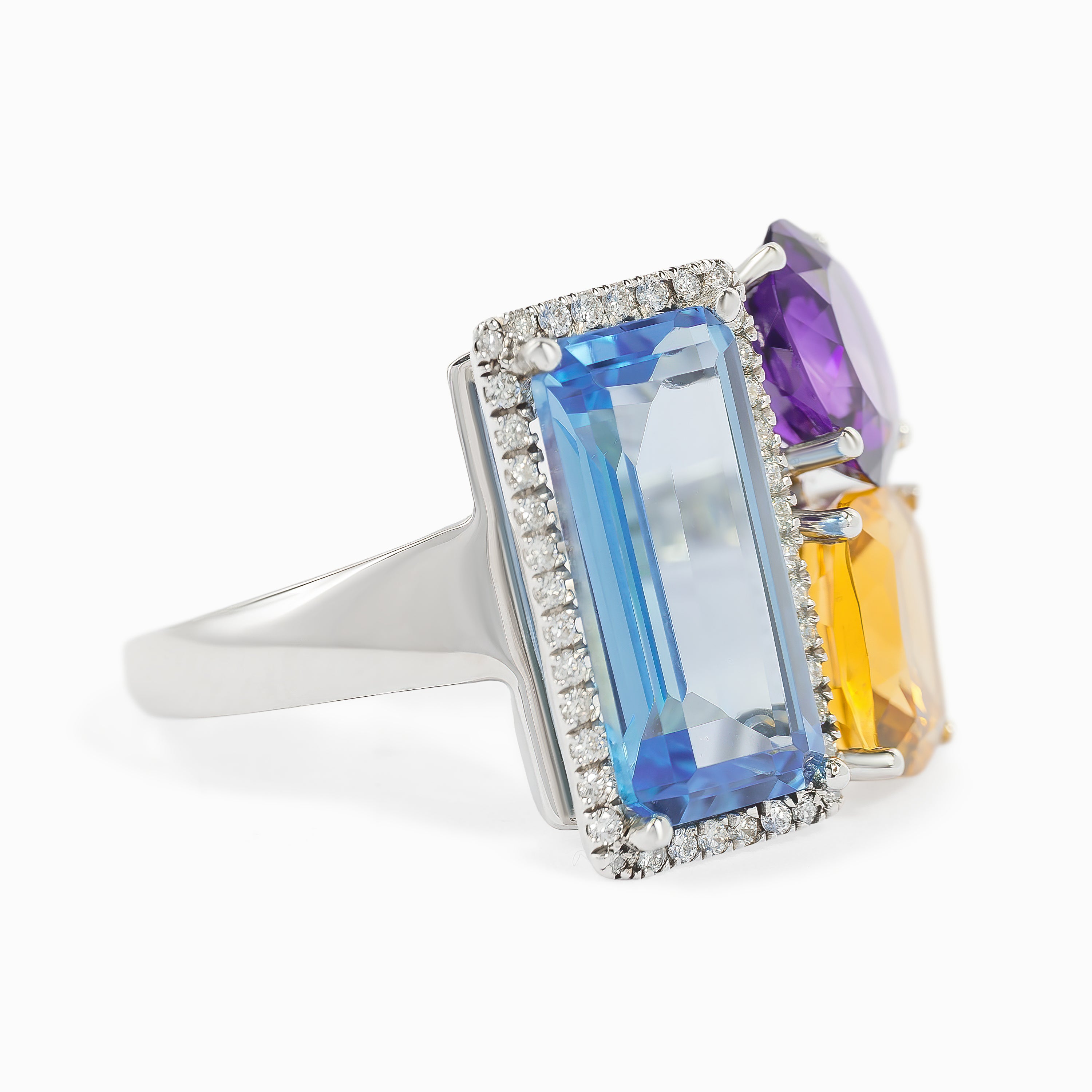 White Gold Ring with Amethyst, Aquamarine, Diamond Stones