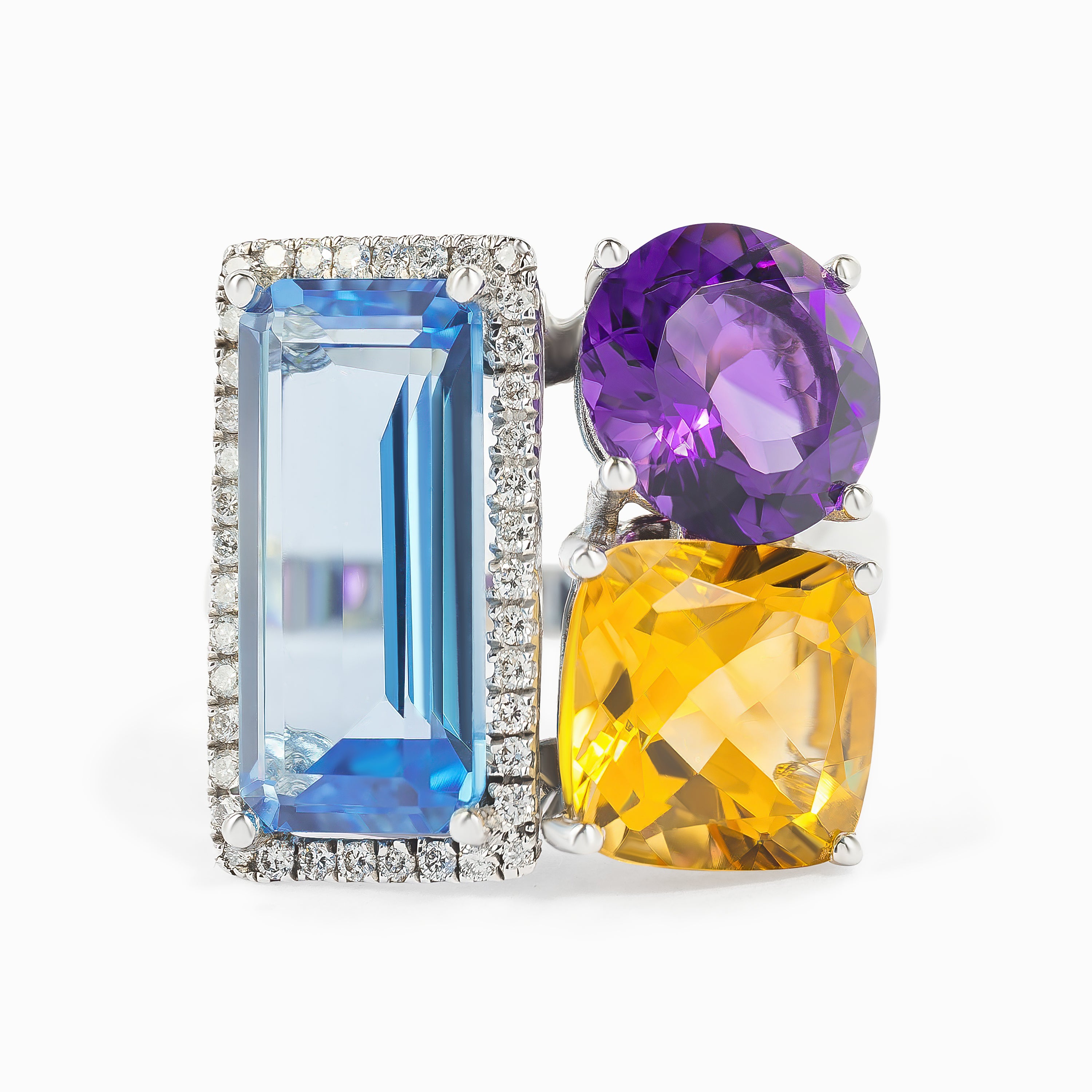 White Gold Ring with Amethyst, Aquamarine, Diamond Stones