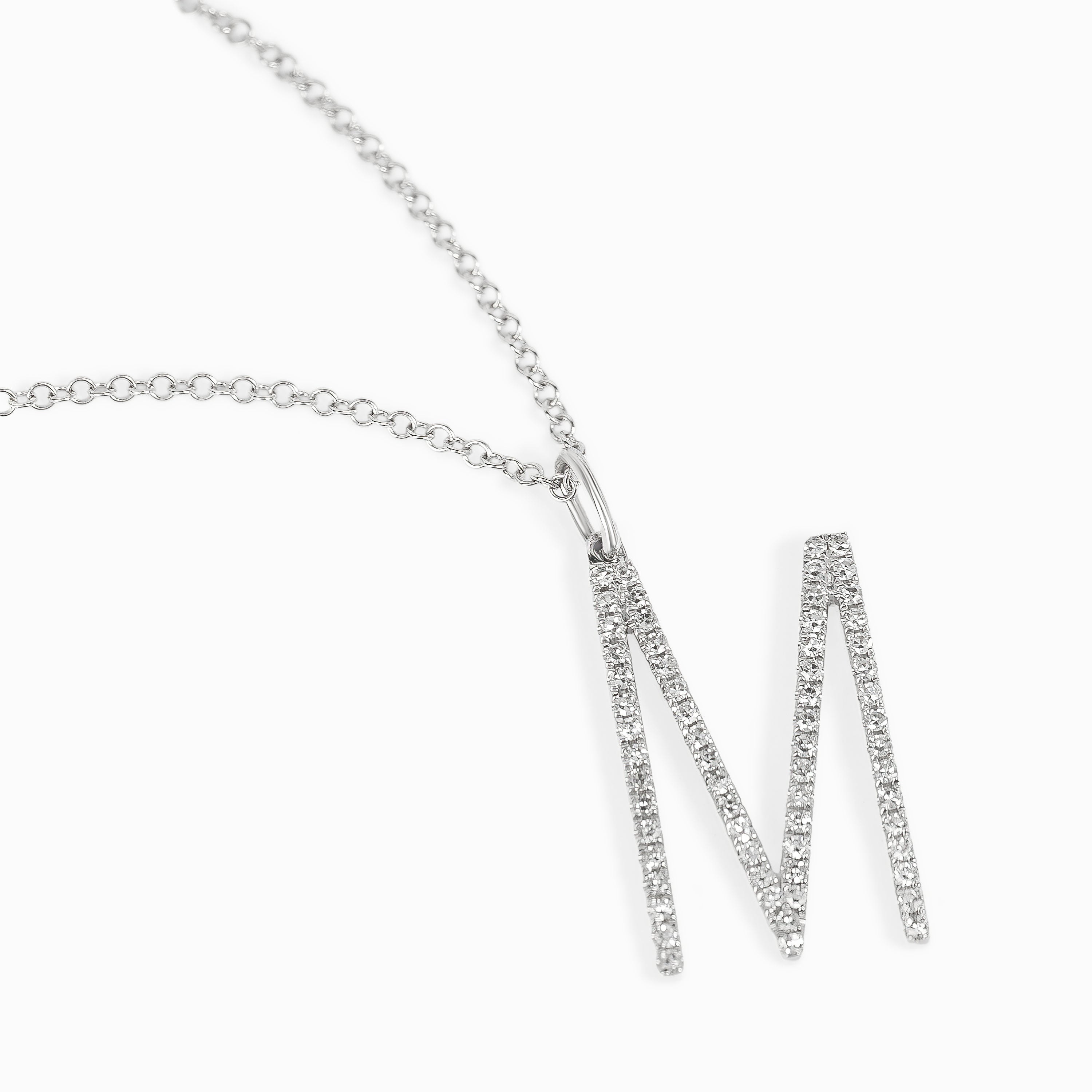 Letter M White Gold Pendant Initial Necklace with Diamond Only Stones