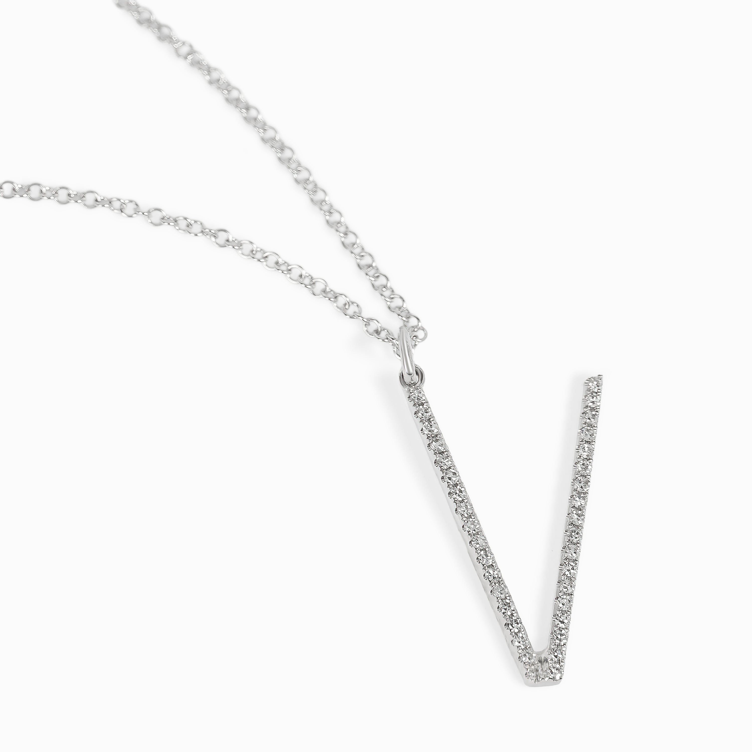 Letter V White Gold Pendant Initial Necklace with Diamond Only Stones