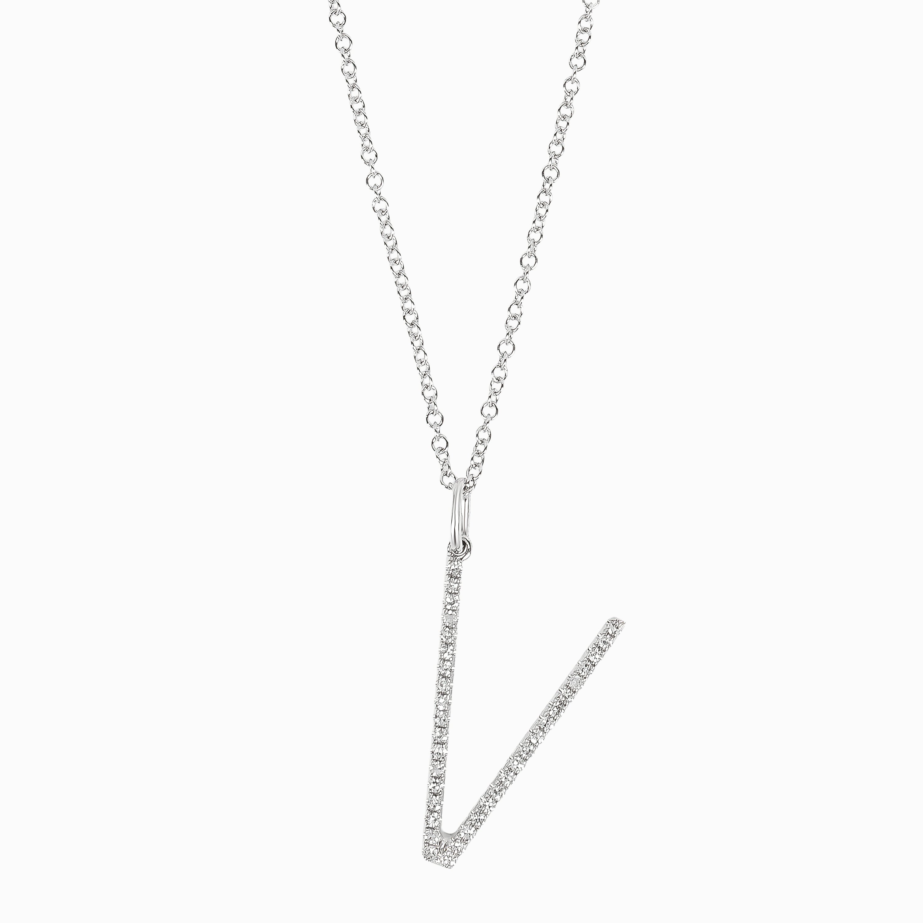 Letter V White Gold Pendant Initial Necklace with Diamond Only Stones