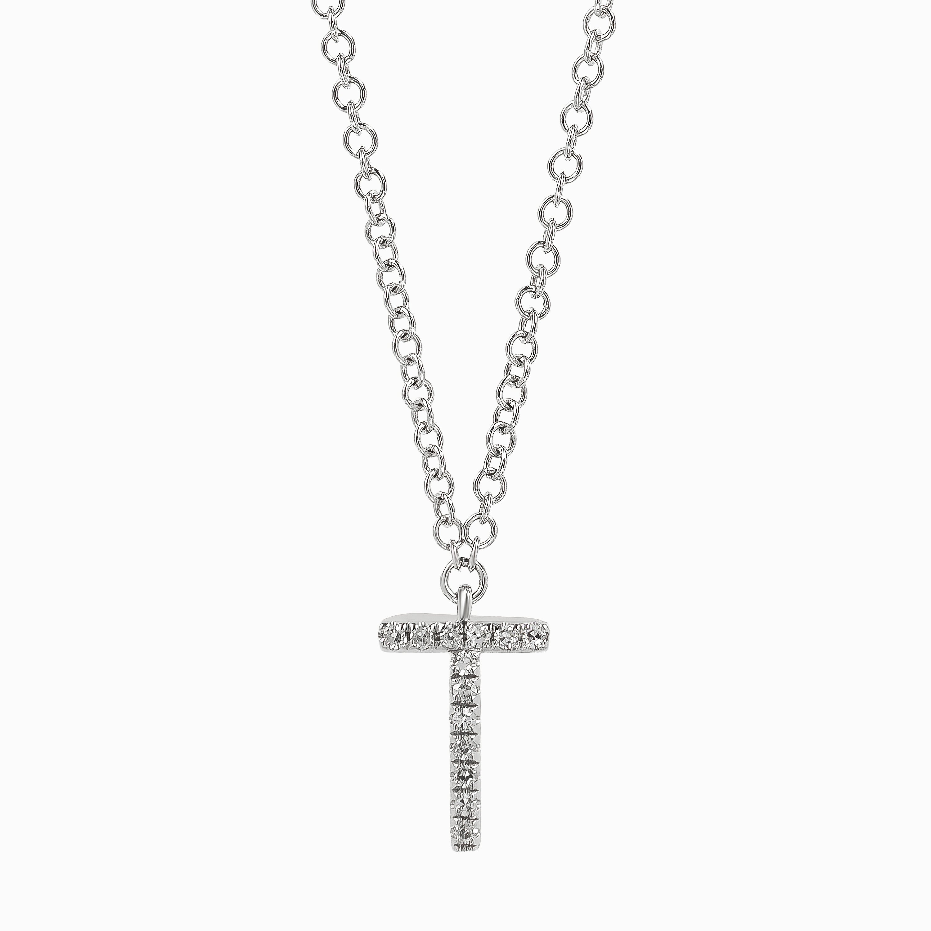 Letter T White Gold Pendant Initial Necklace with Diamond Only Stones