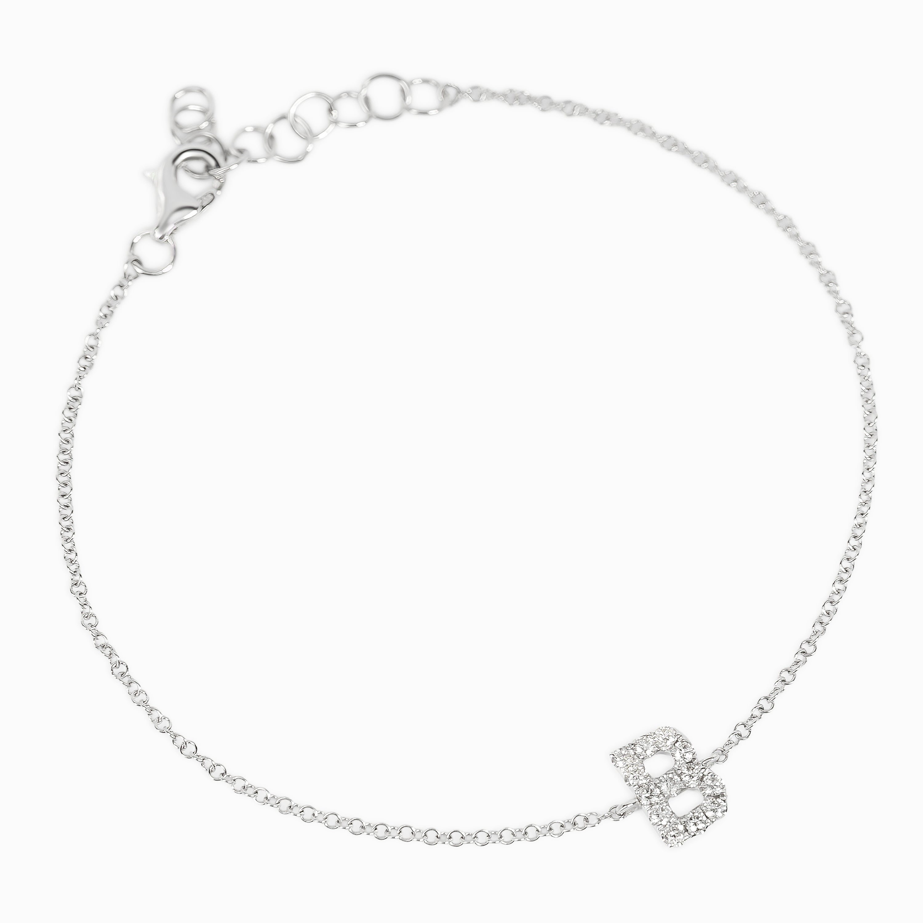 Letter B White Gold Chain Initial Bracelet with Diamond Only Stones