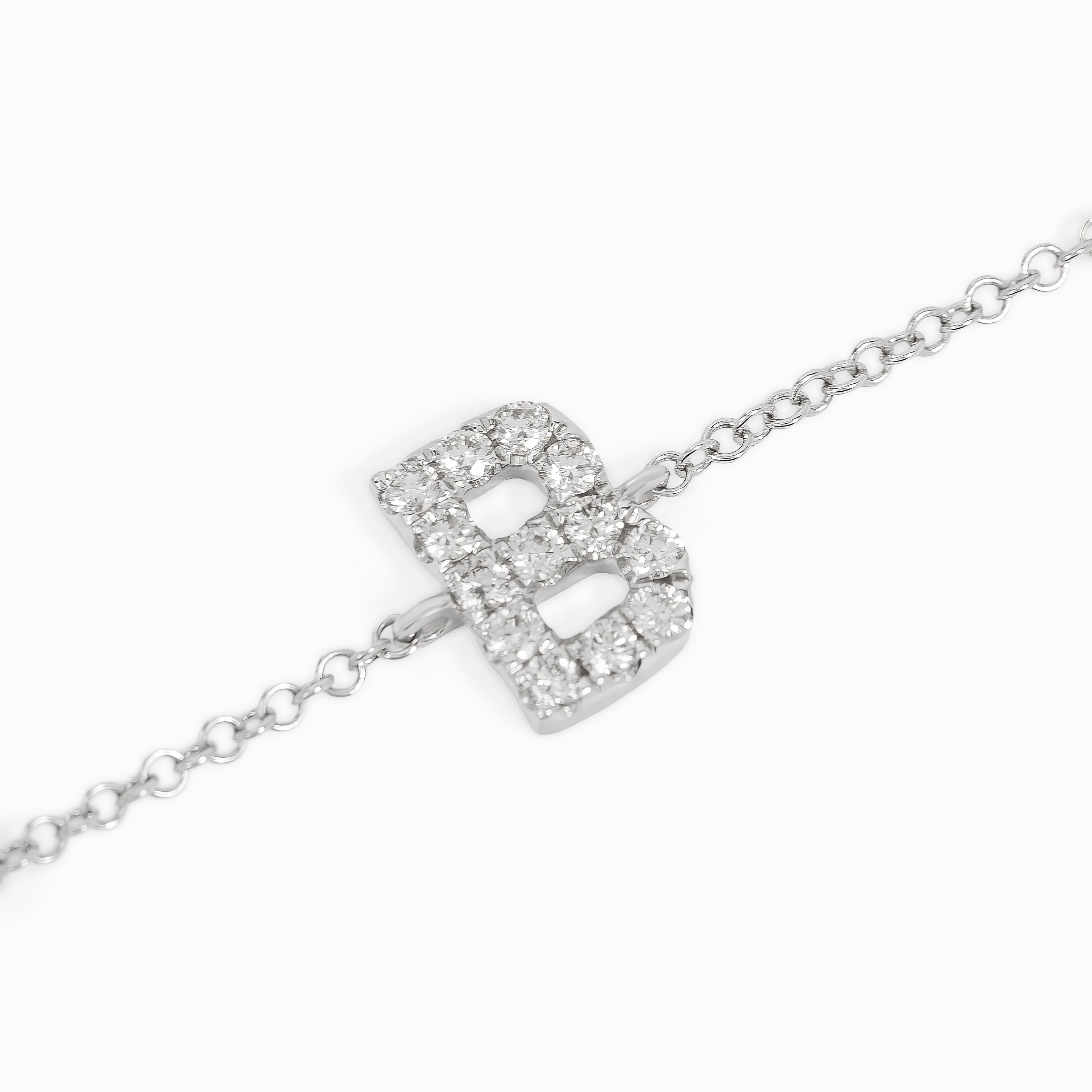 Letter B White Gold Chain Initial Bracelet with Diamond Only Stones