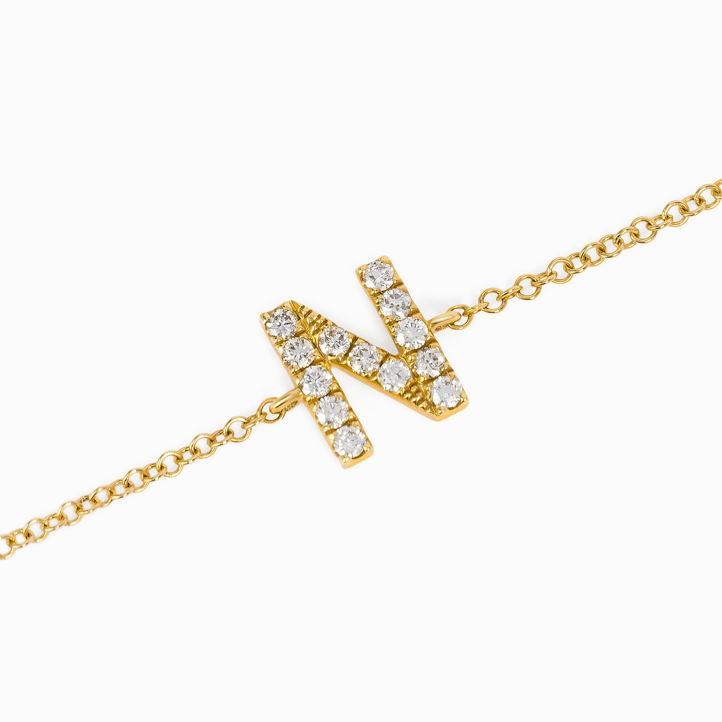 Letter N Yellow Gold Chain Initial Bracelet with Diamond Only Stones
