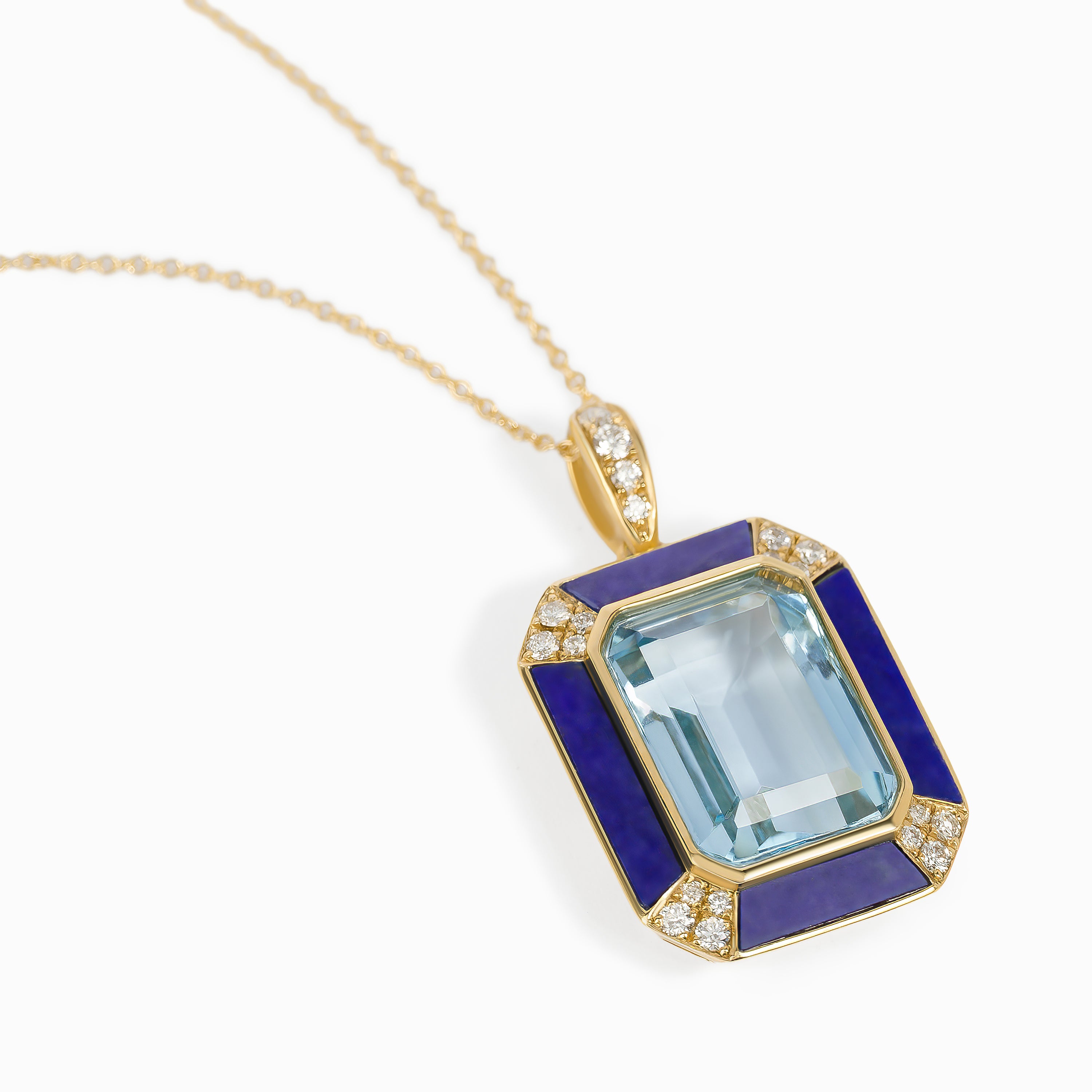 Yellow Gold Pendant Necklace with Diamond, Lapis, Topaz Stones