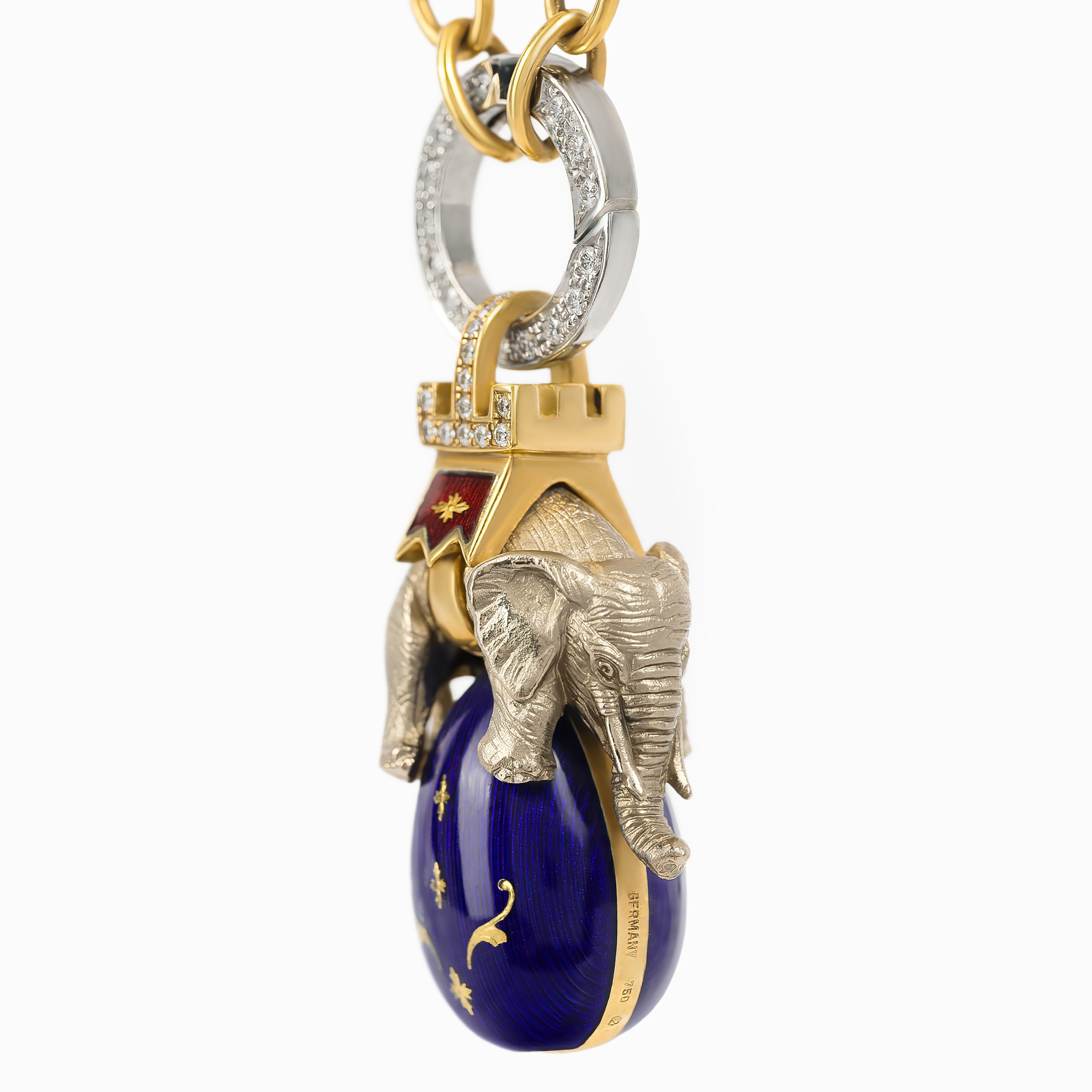 Yellow Gold Chain Pendant Necklace with Diamond, Enamel Stones