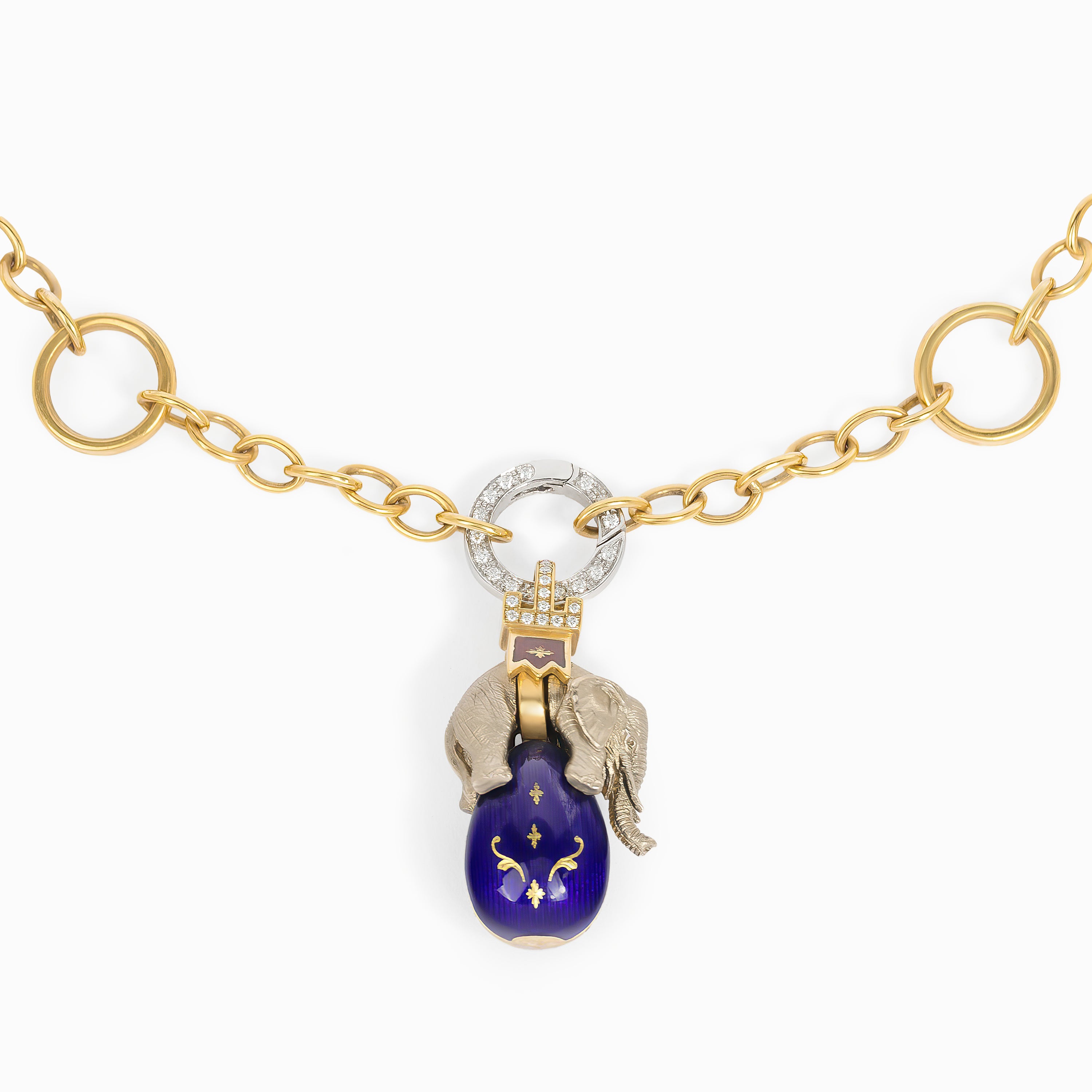 Yellow Gold Chain Pendant Necklace with Diamond, Enamel Stones