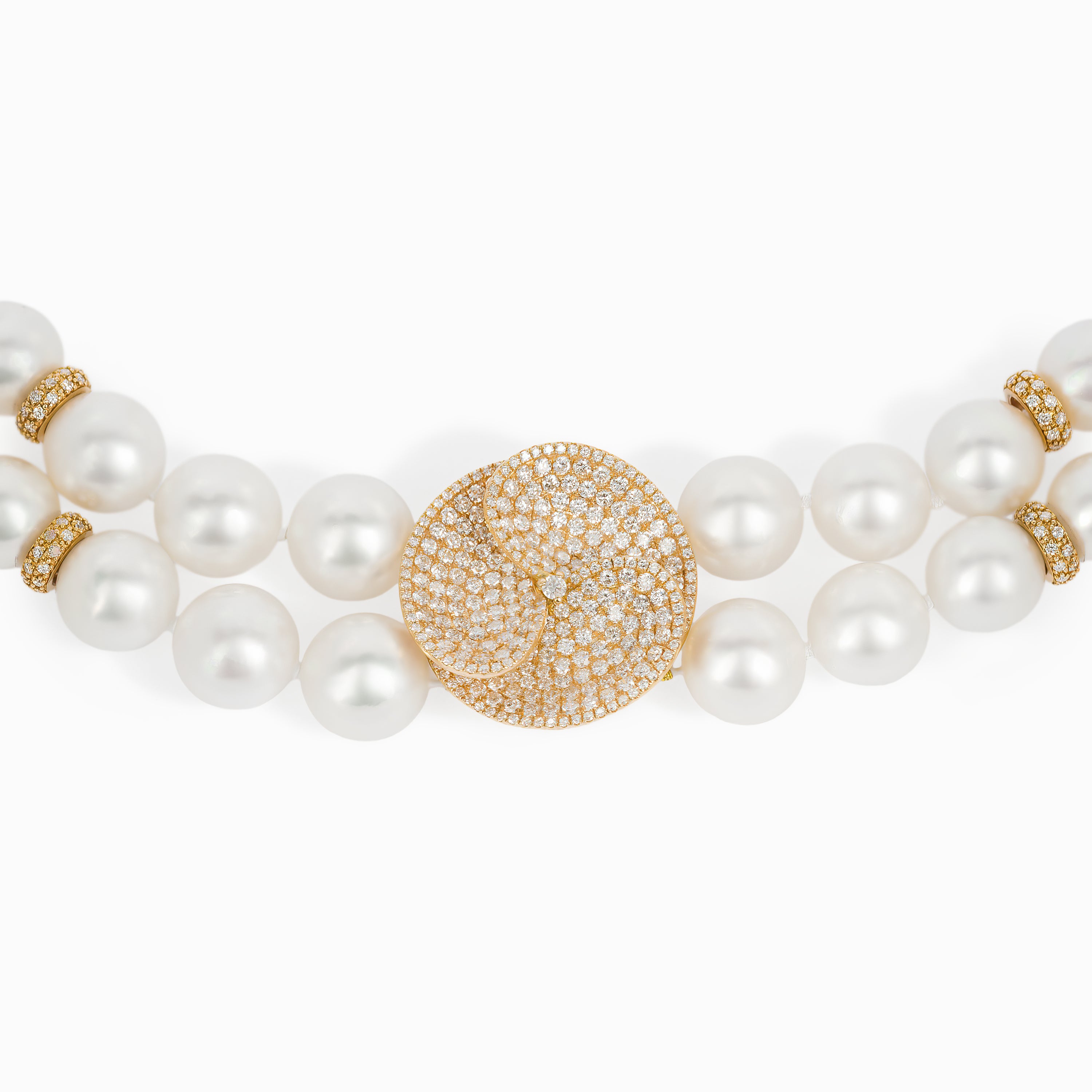 Yellow Gold Bead Necklace with Diamond, Pearl Stones
