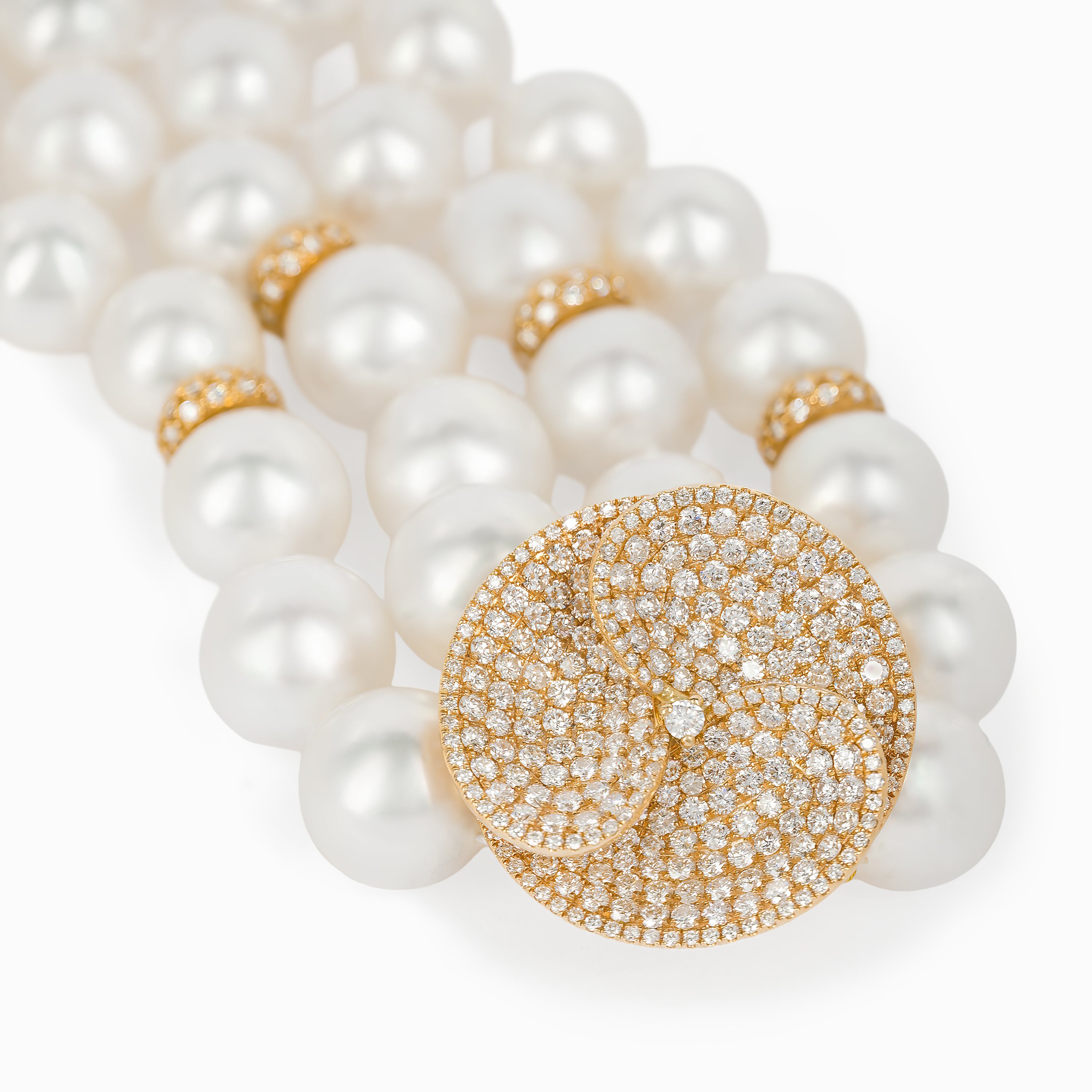 Yellow Gold Bead Necklace with Diamond, Pearl Stones