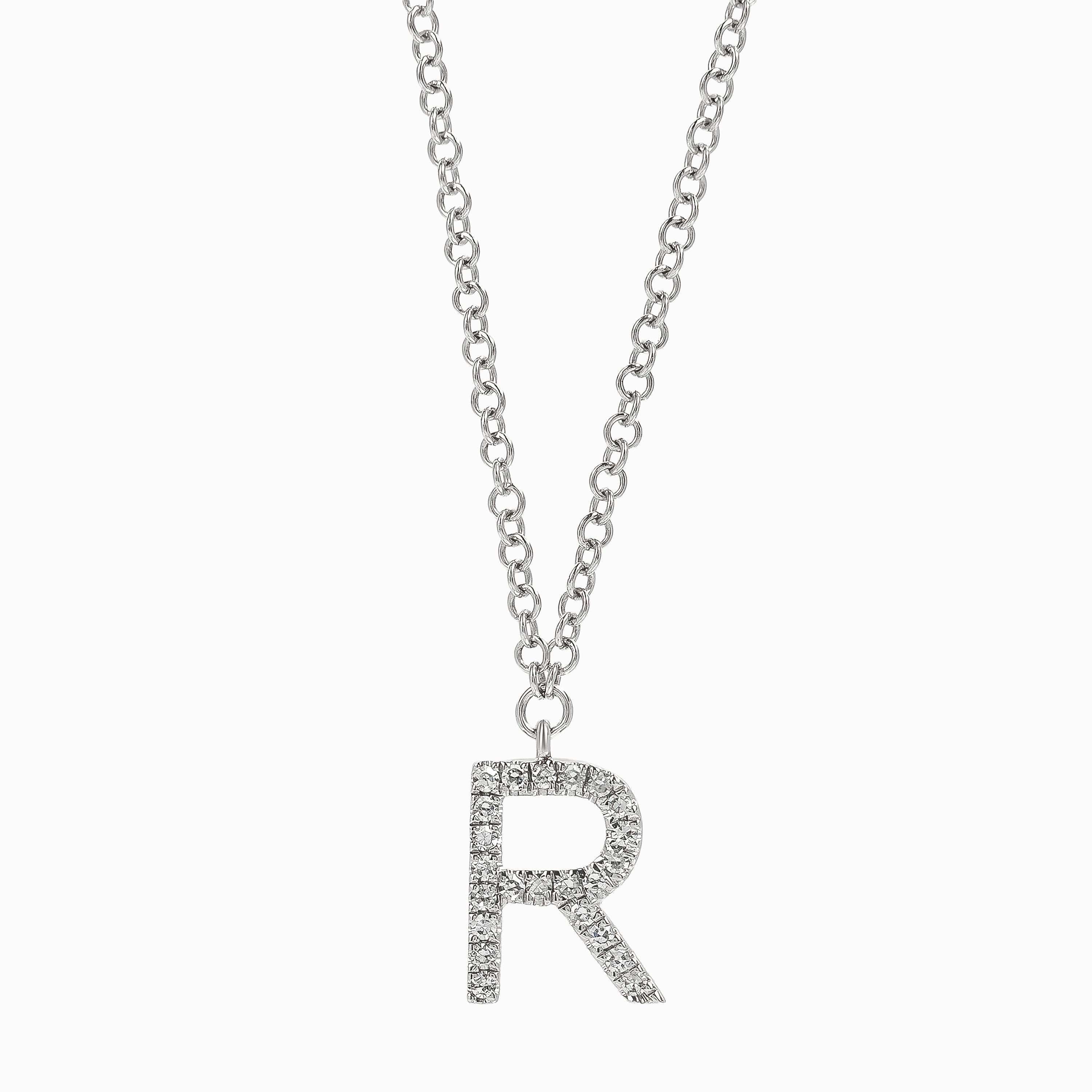 Letter R White Gold Pendant Initial Necklace with Diamond Only Stones