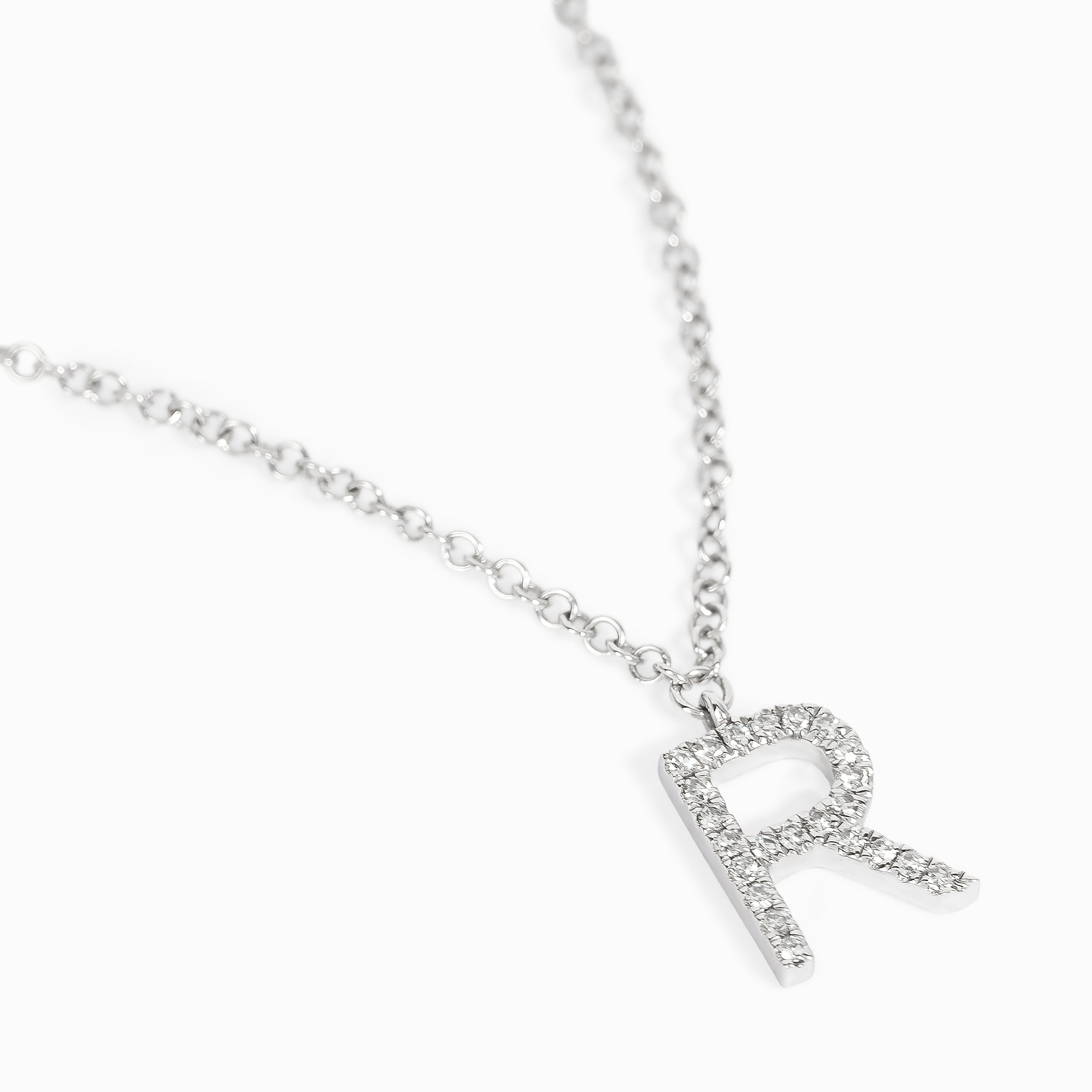 Letter R White Gold Pendant Initial Necklace with Diamond Only Stones