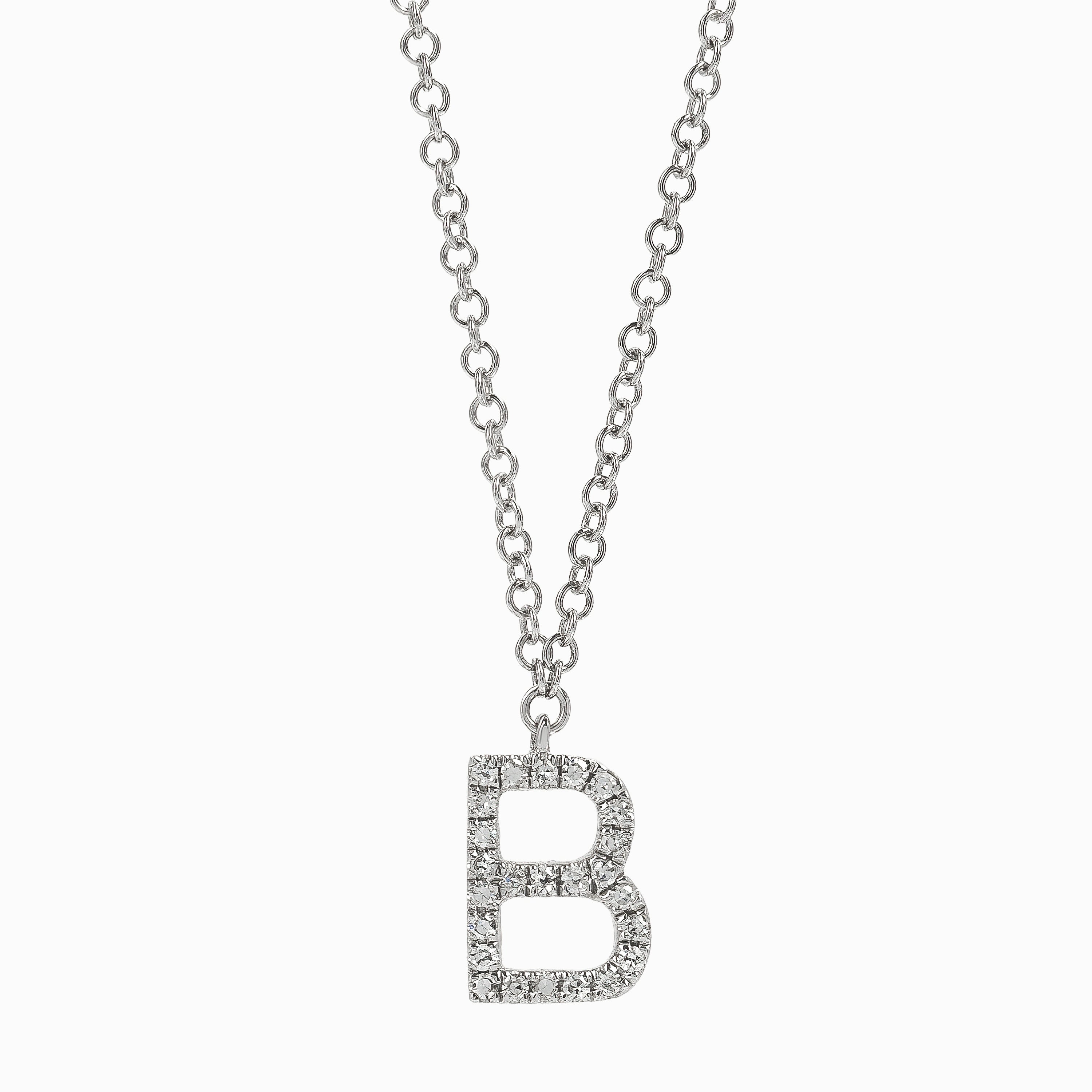 Letter B White Gold Pendant Initial Necklace with Diamond Only Stones