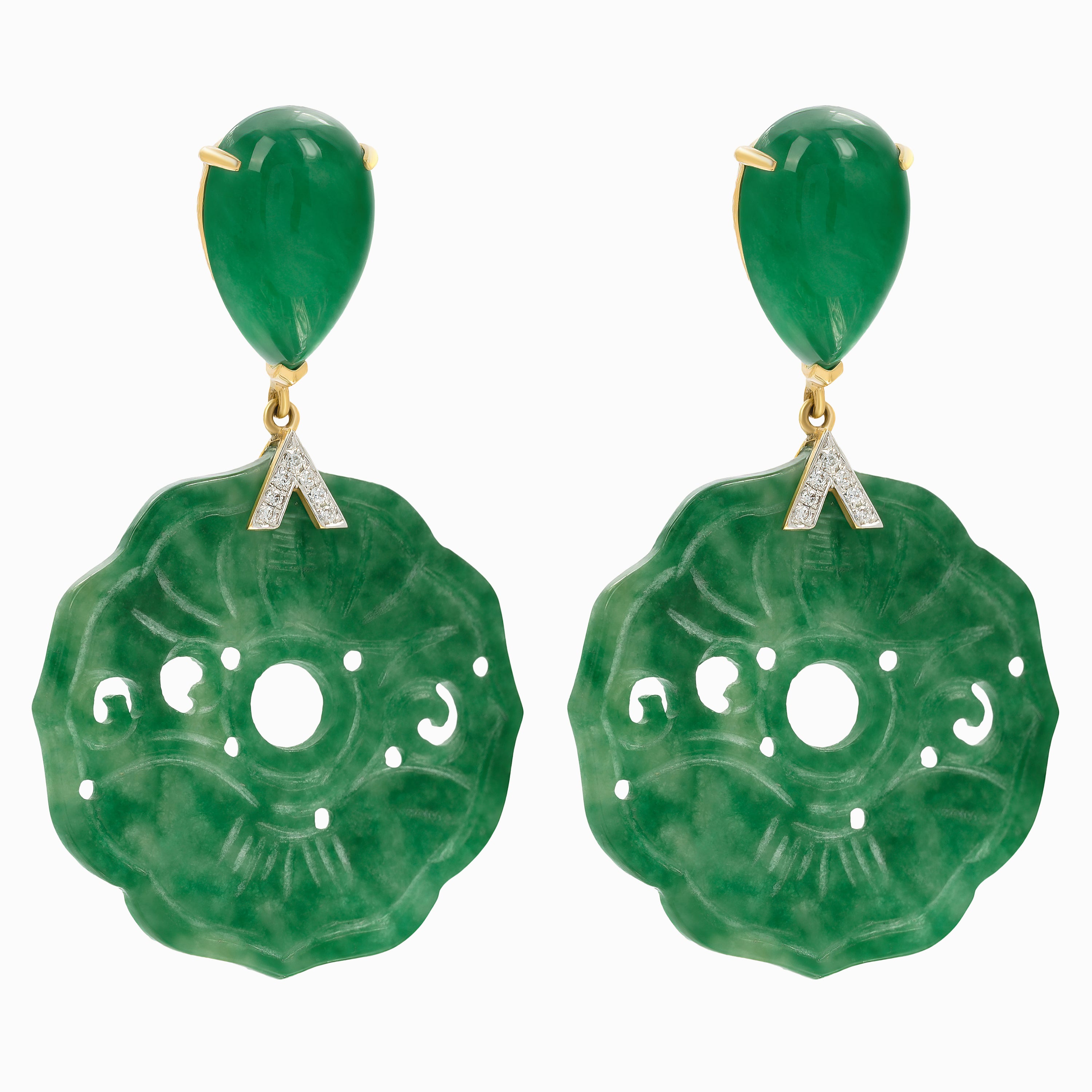 Yellow Gold Drop Earrings With Jade, Diamond Stones