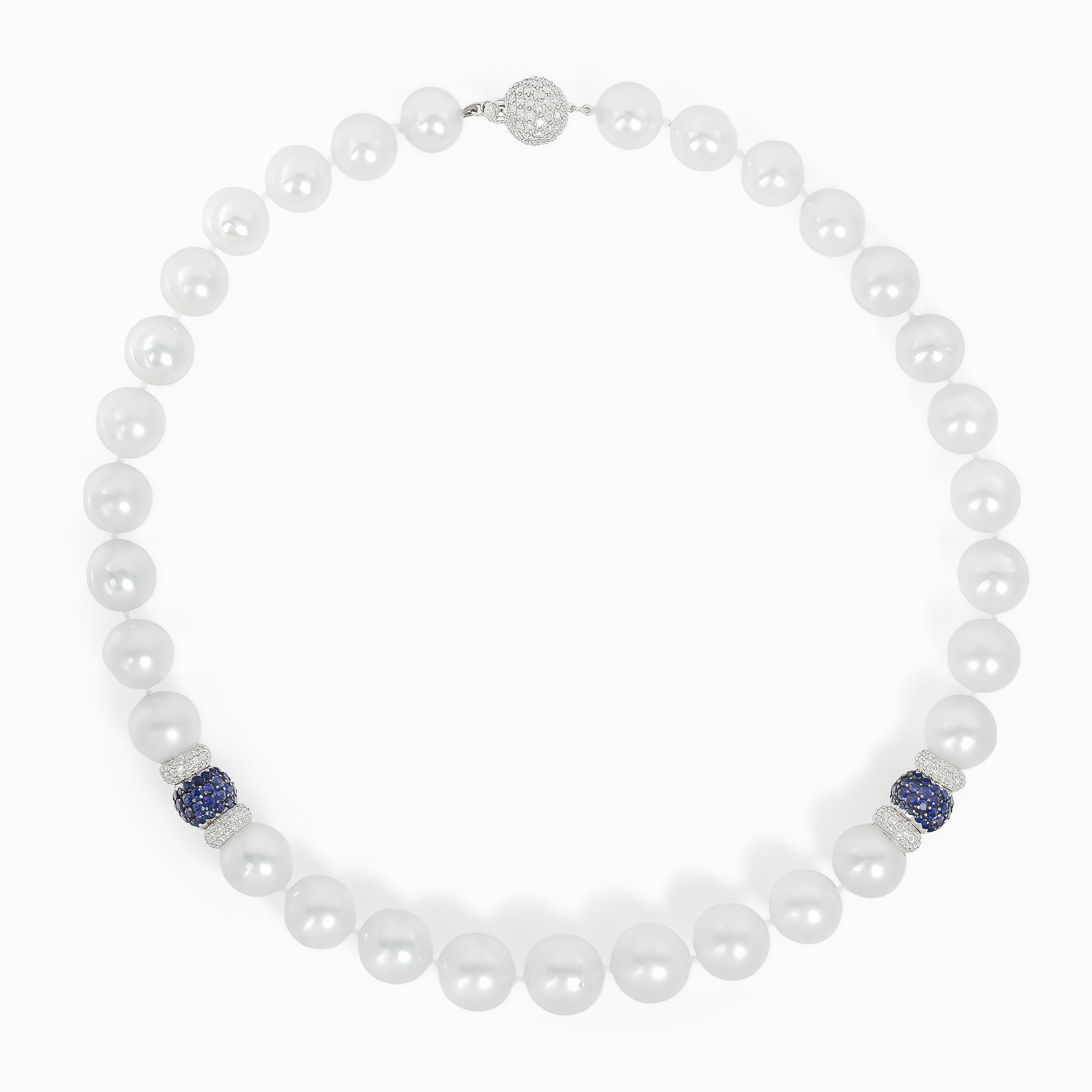 White Gold Bead Necklace with Diamond, Pearl, Sapphire Stones