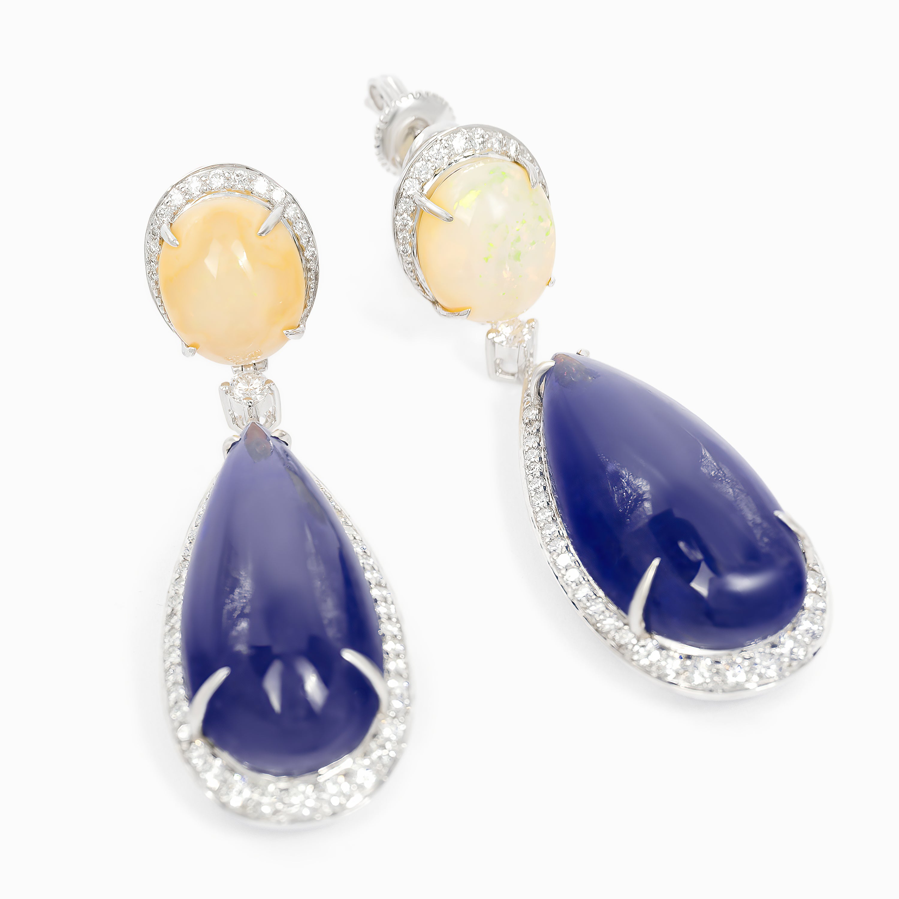 White Gold Drop Earrings with Diamond, Opal, Tanzanite Stones