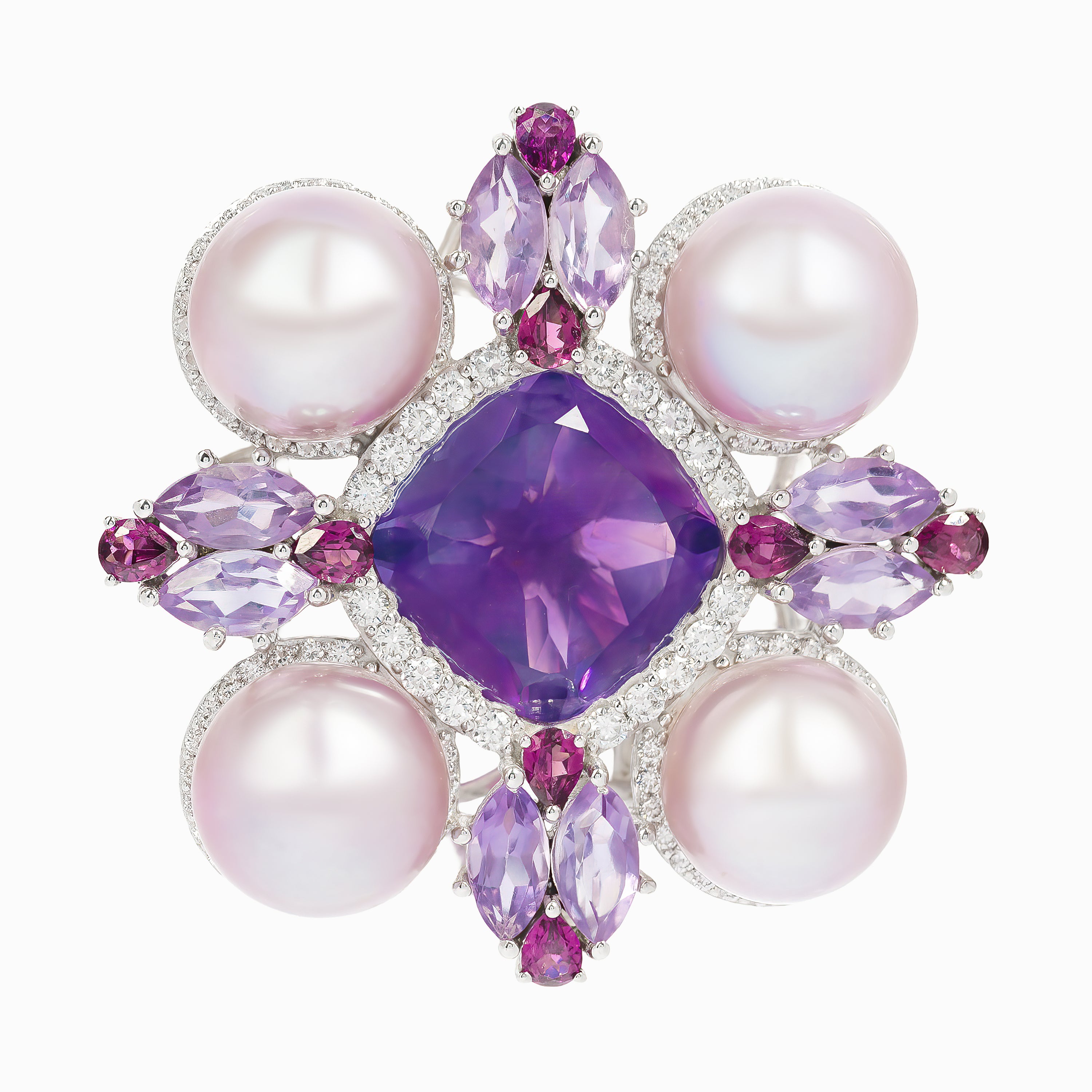 White Gold Gemstone Y-Shape Brooch with Amethyst, Diamond, Pearl, Rhodolite Stones