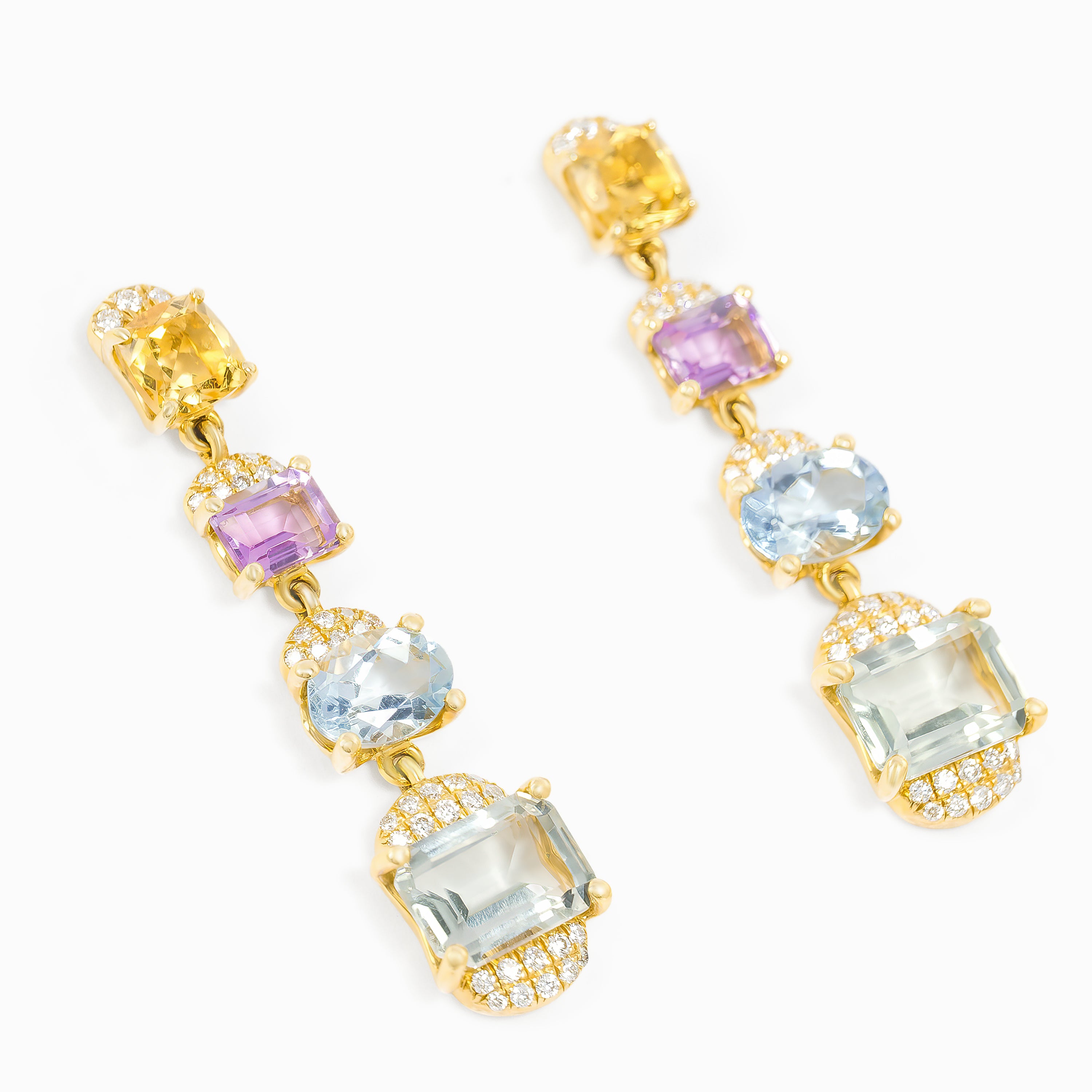 Yellow Gold Drop Earrings With Diamond, Citrine, Amethyst, Aquamarine, Garnet Stones