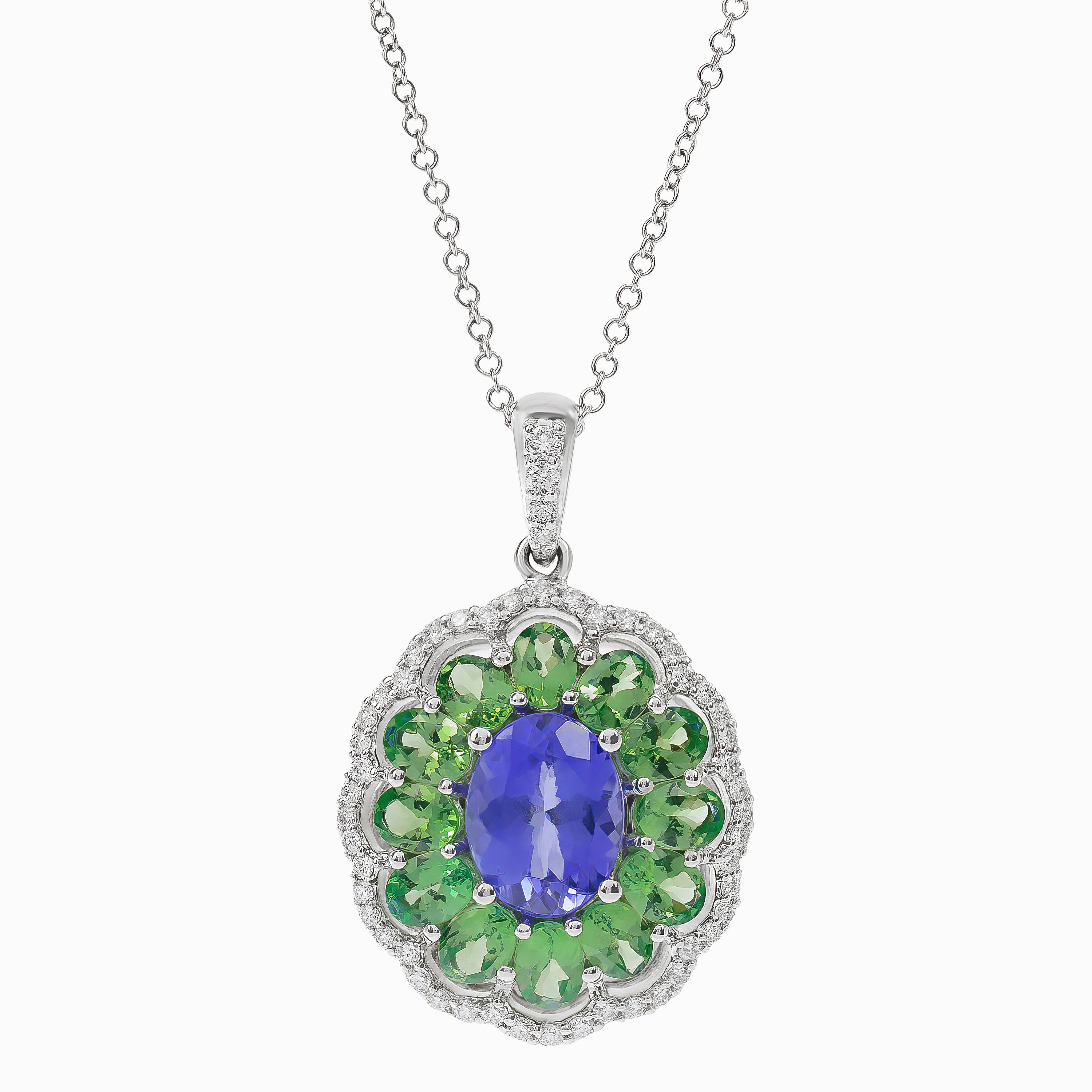 White Gold Pendant Necklace with Diamond, Tanzanite, Tsavorite Stones