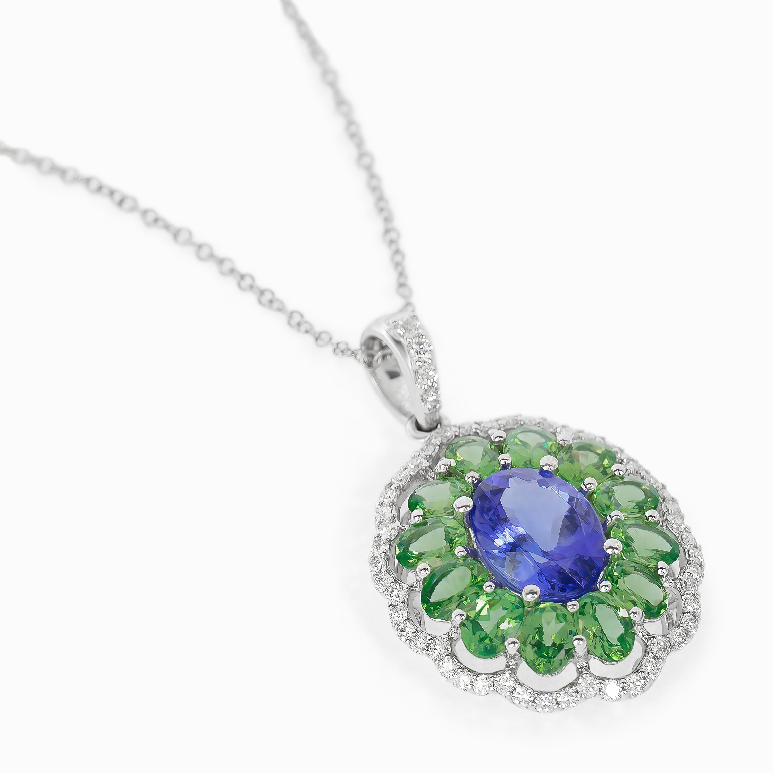 White Gold Pendant Necklace with Diamond, Tanzanite, Tsavorite Stones