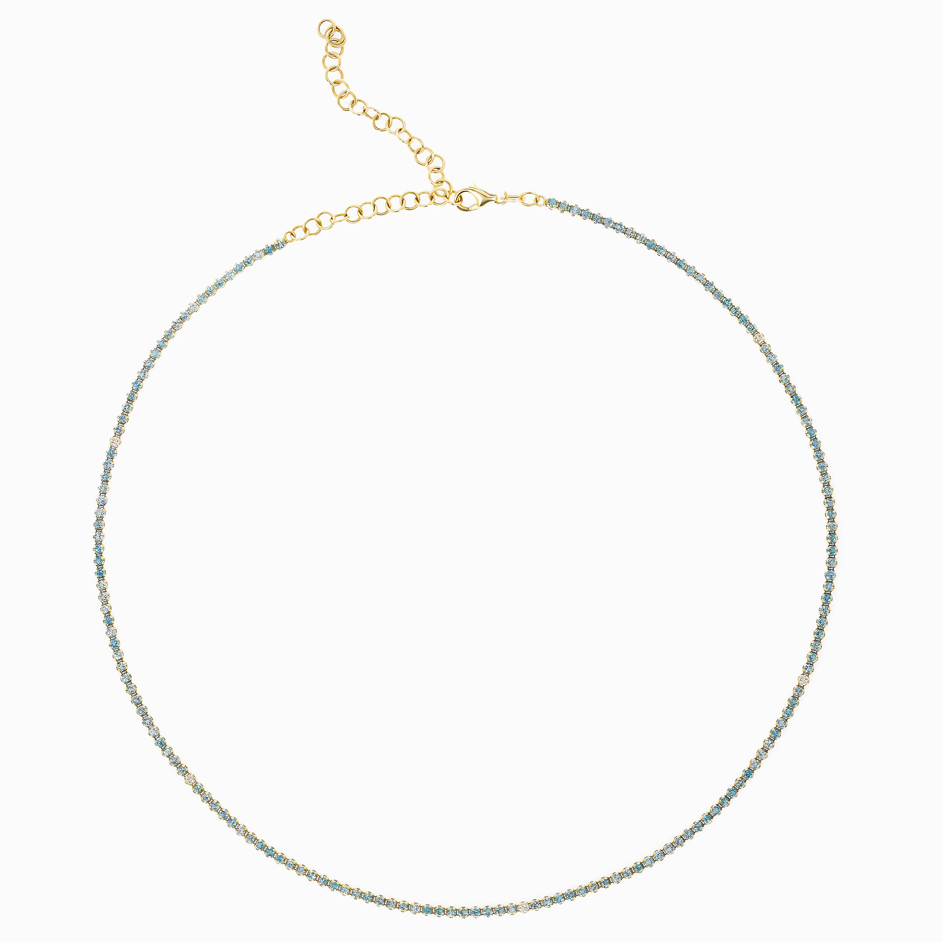 Yellow Gold Tennis Necklace with Aquamarine Stones